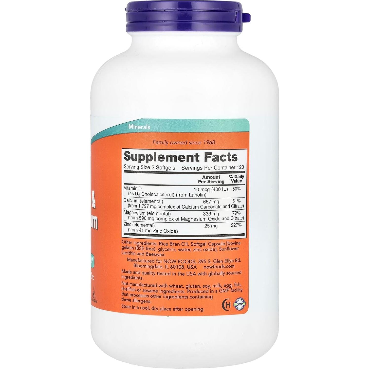 Suplemento de Calcio y Magnesio + D NOW Foods 240 Gelatinas