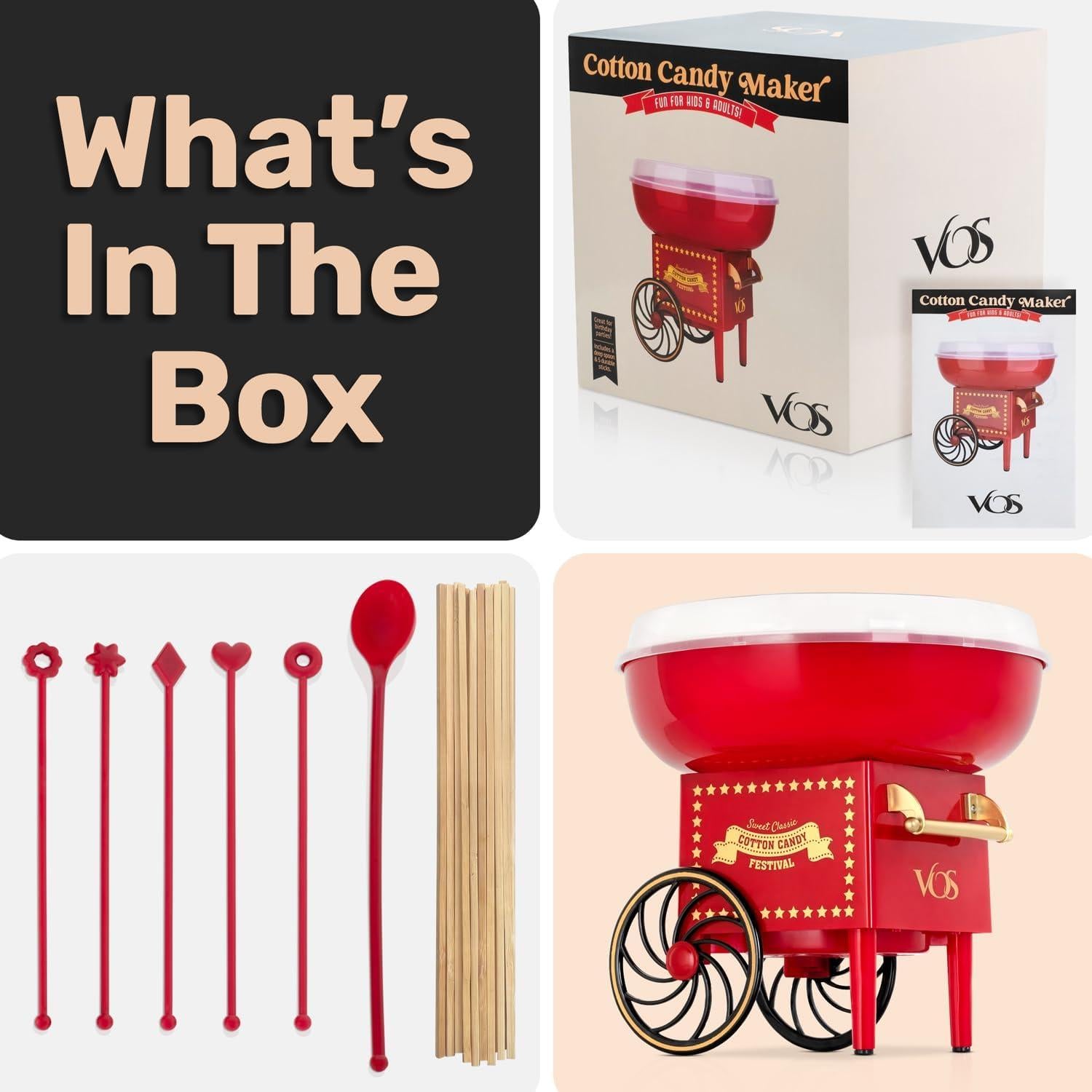 Máquina de Algodón de Azúcar Mini VOS Rojo para Niños - 1.64 kg