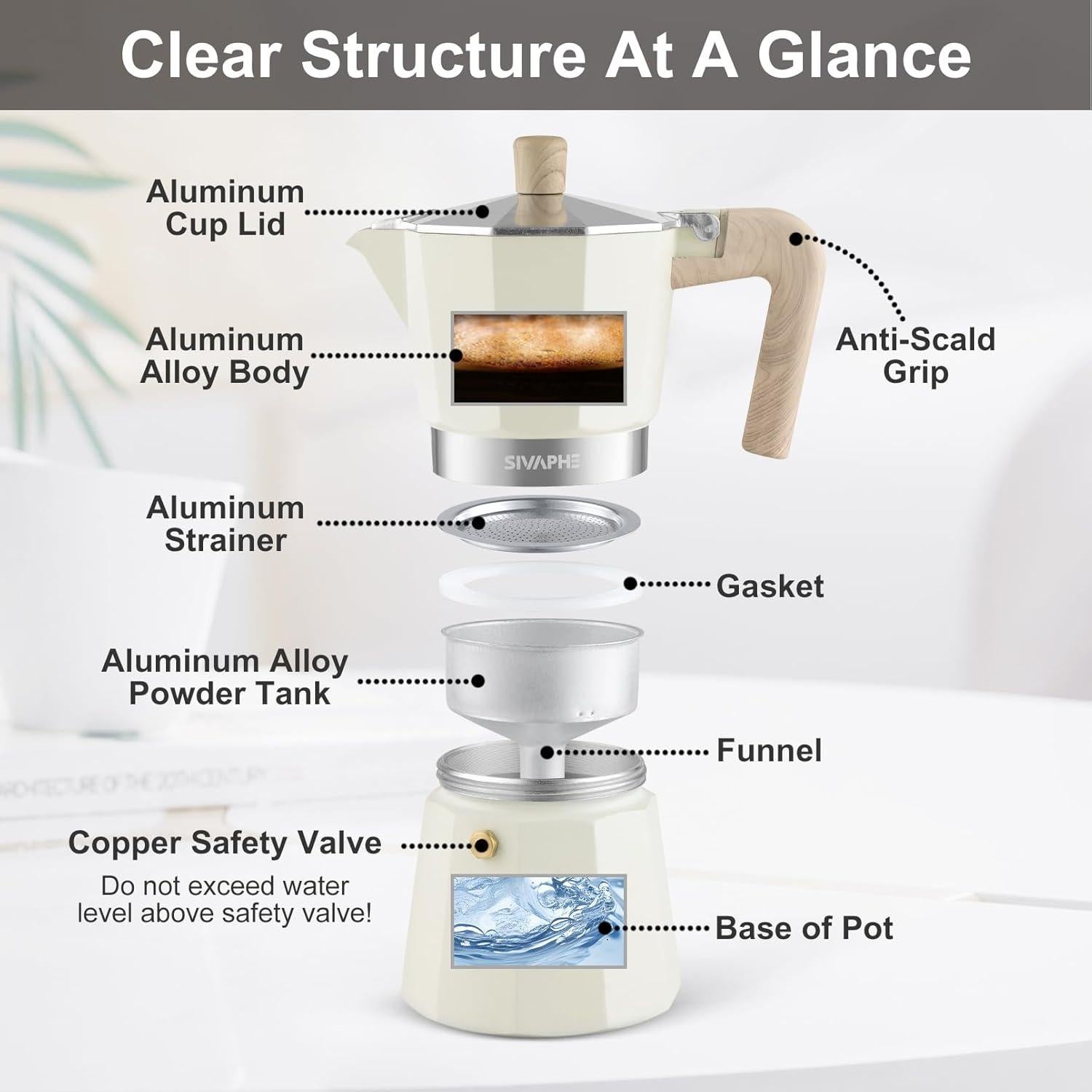 Cafetera Moka Sivaphe 3 Tazas Aluminio Blanca Portátil