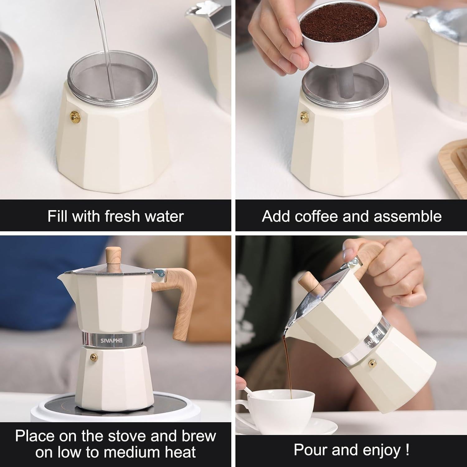 Cafetera Moka Sivaphe 3 Tazas Aluminio Blanca Portátil