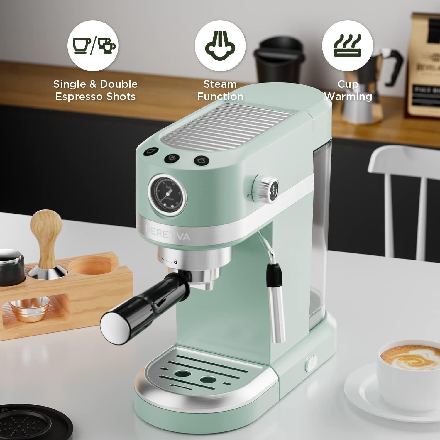 Máquina de Café Espresso Neretva 20 Bar Verde 1350W con Varita de Vapor