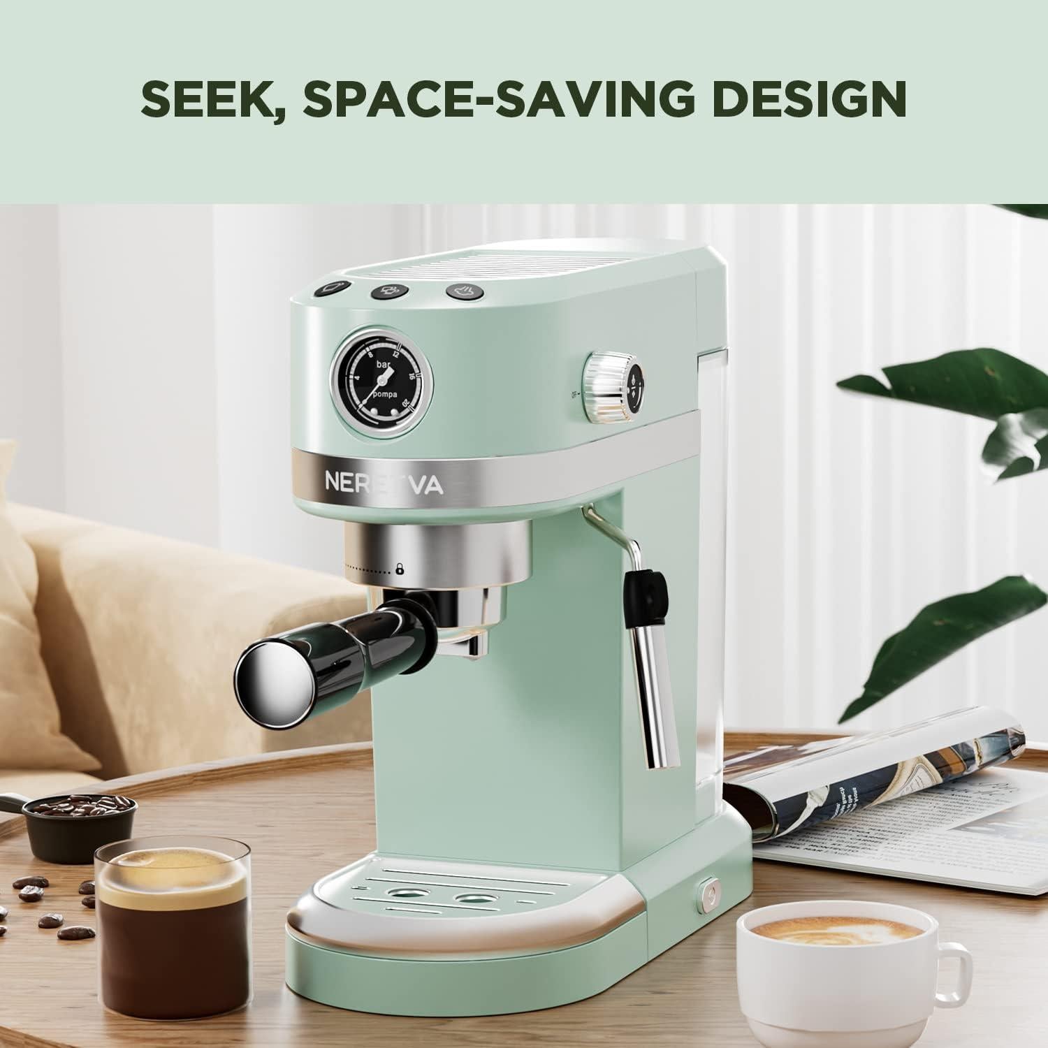 Máquina de Café Espresso Neretva 20 Bar Verde 1350W con Varita de Vapor