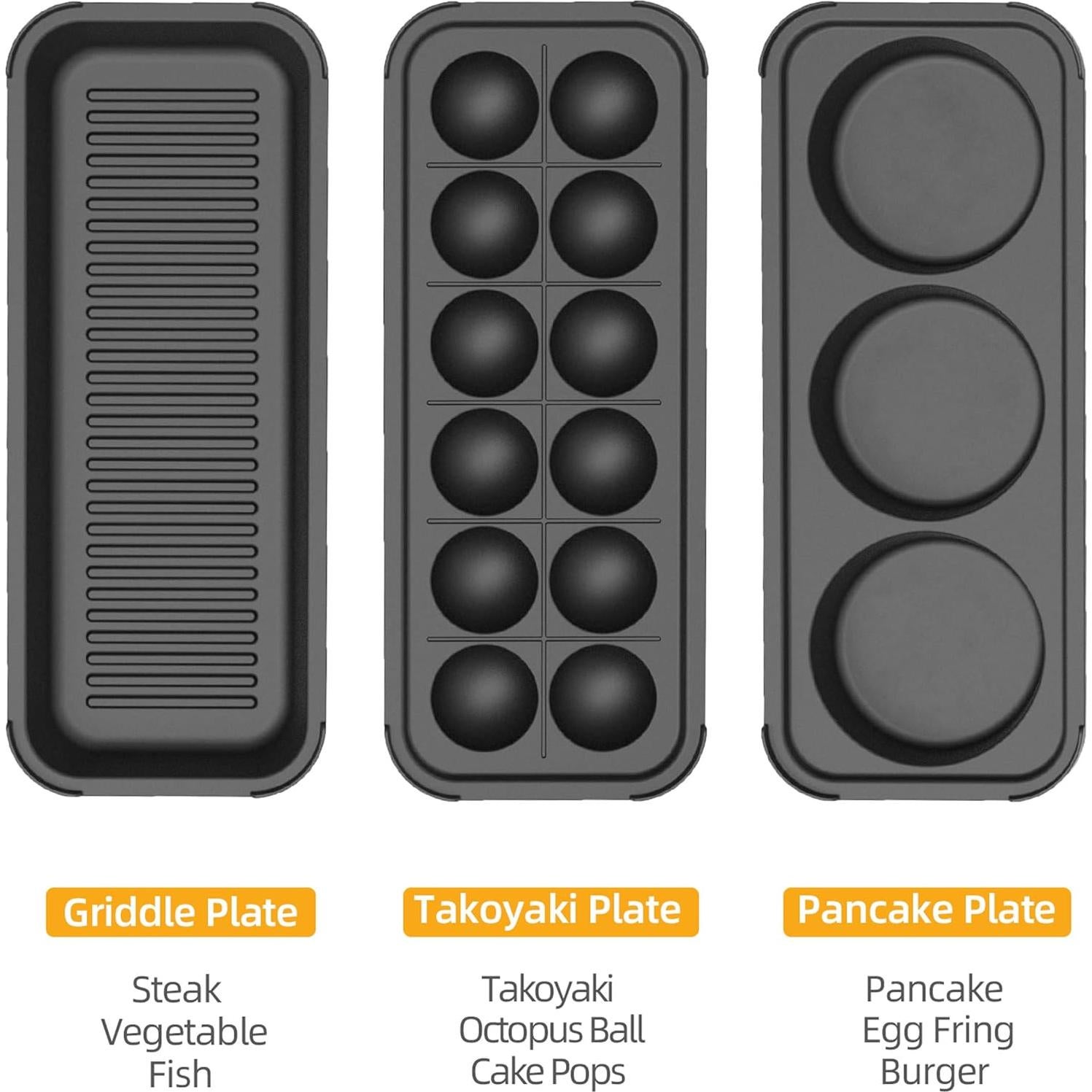 Plancha Eléctrica Multifuncional HeHoGoGo 650W 3 Sartenes Antiadherentes