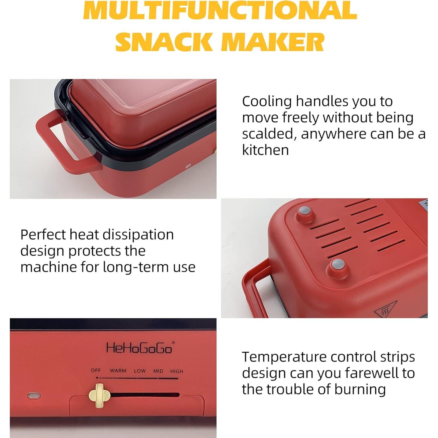 Plancha Eléctrica Multifuncional HeHoGoGo 650W 3 Sartenes Antiadherentes