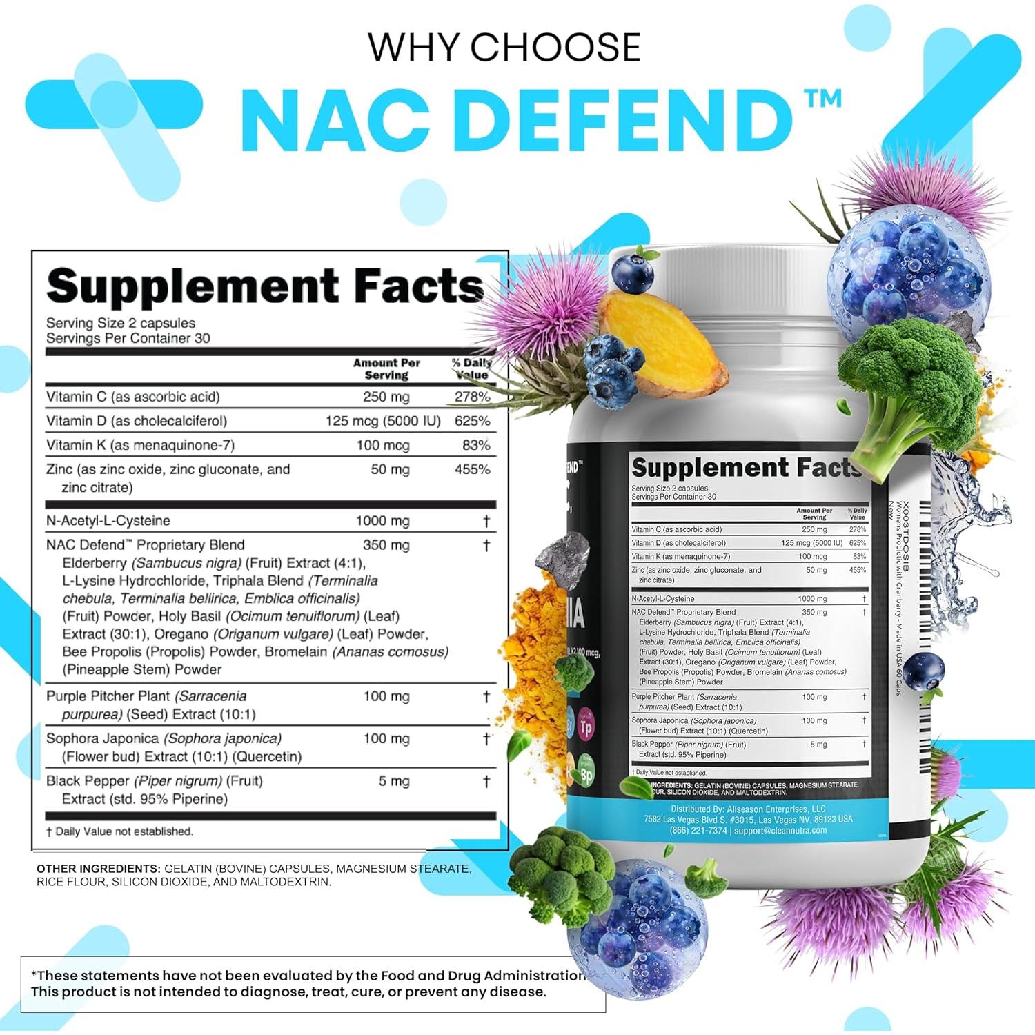 Suplemento NAC 1000mg Clean Nutraceuticals D3 K2 Zinc Quercetina