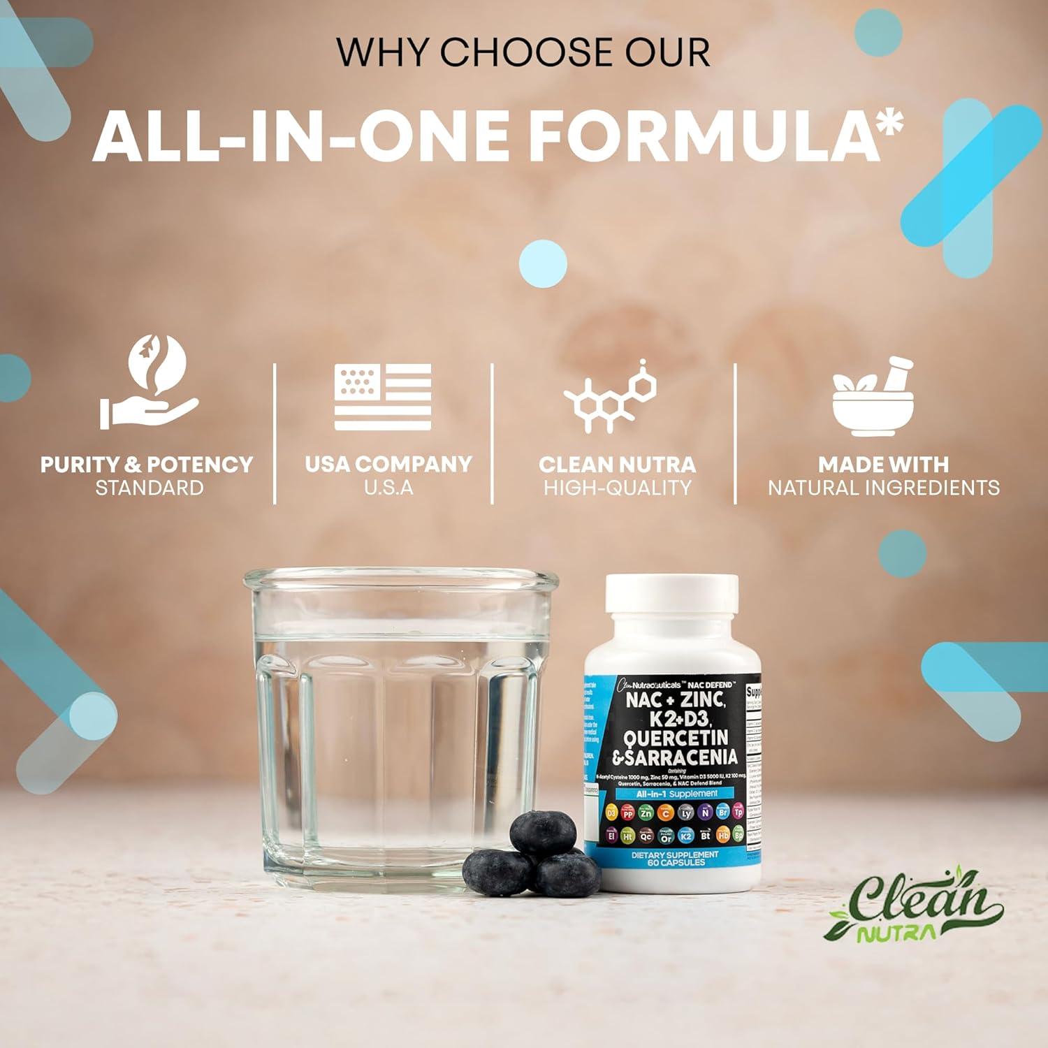 Suplemento NAC 1000mg Clean Nutraceuticals D3 K2 Zinc Quercetina