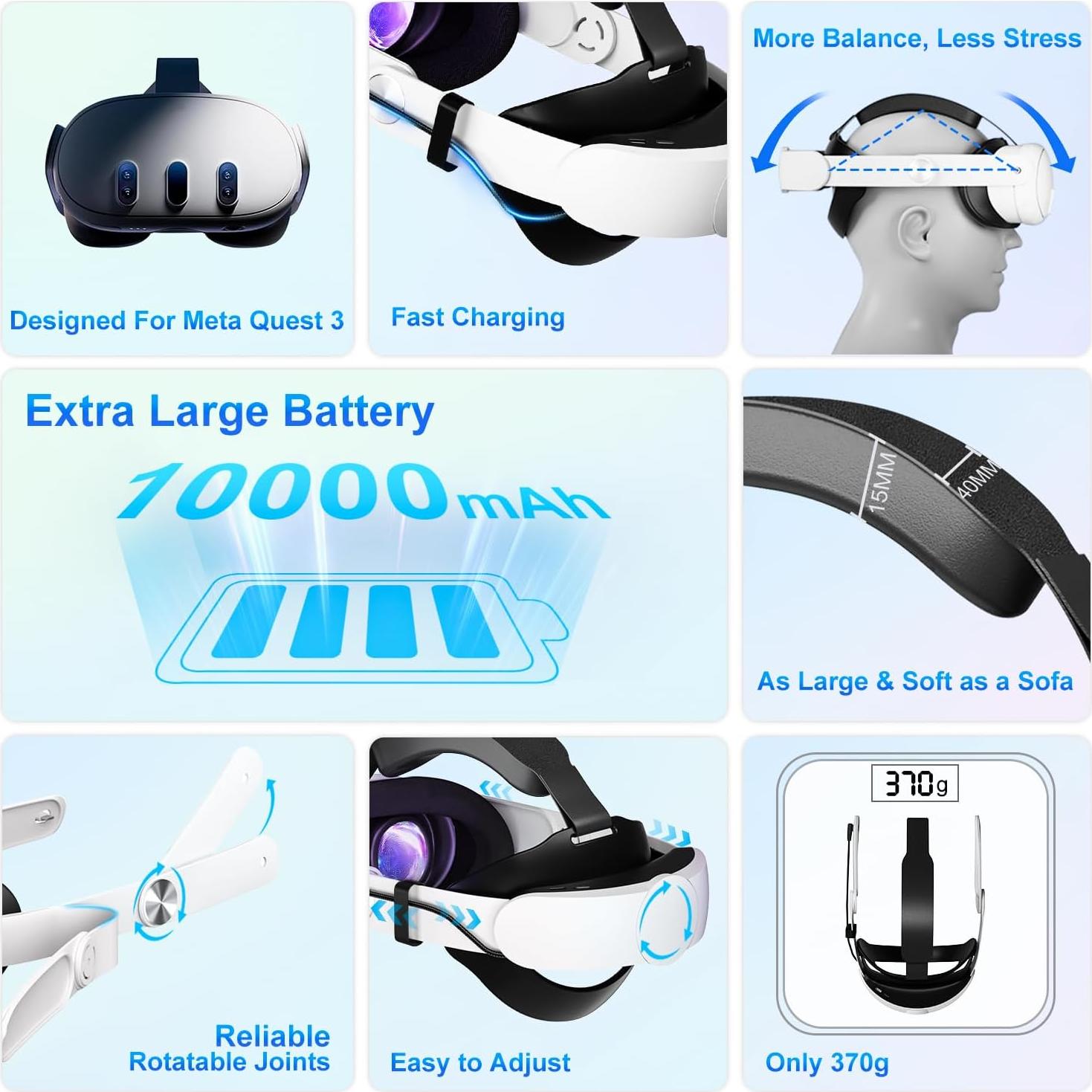 Correa de Cabeza Saqico con Batería 10000mAh para Quest 3/3S
