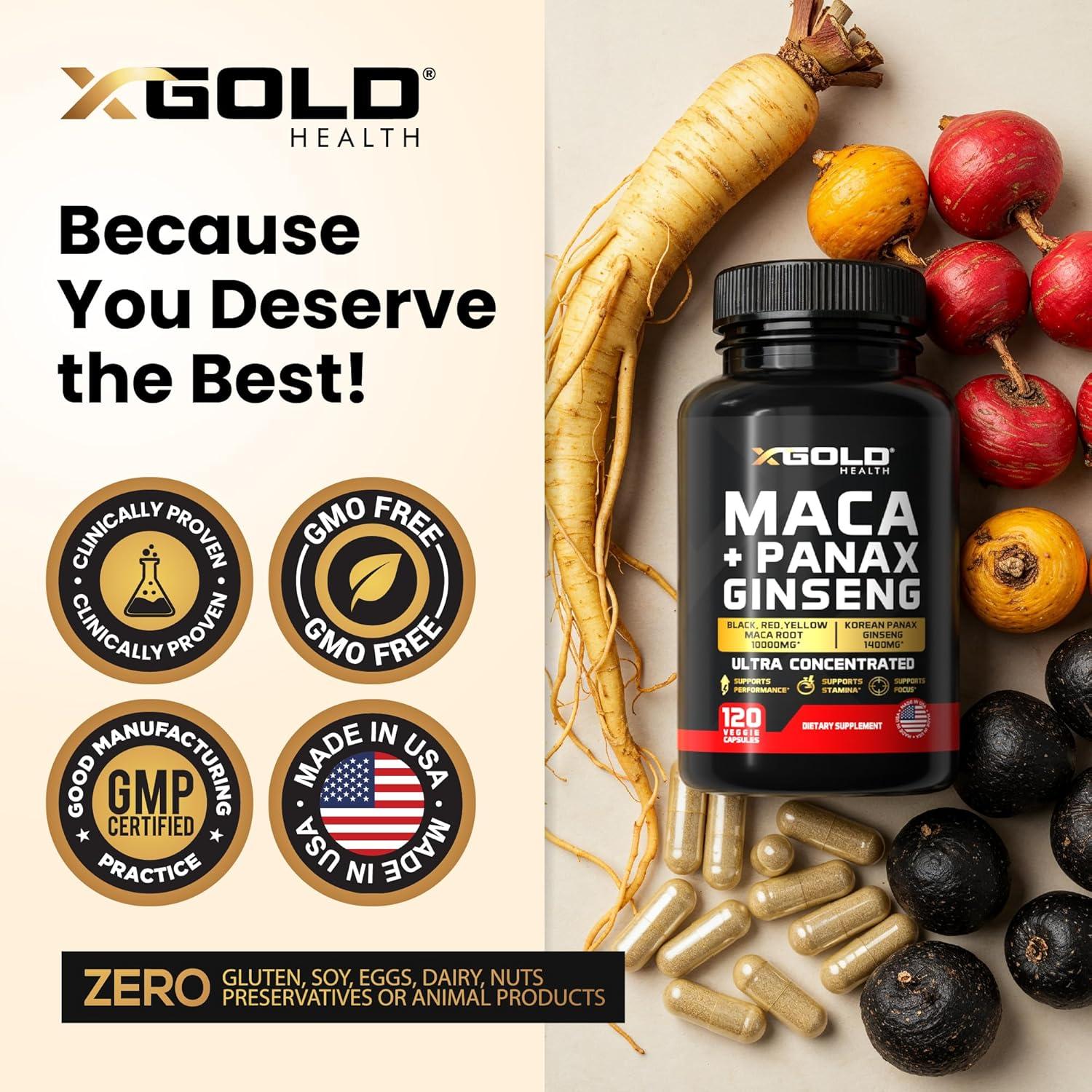 Cápsulas de Raíz de Maca 10000mg + Ginseng Panax 1400mg - X Gold Health