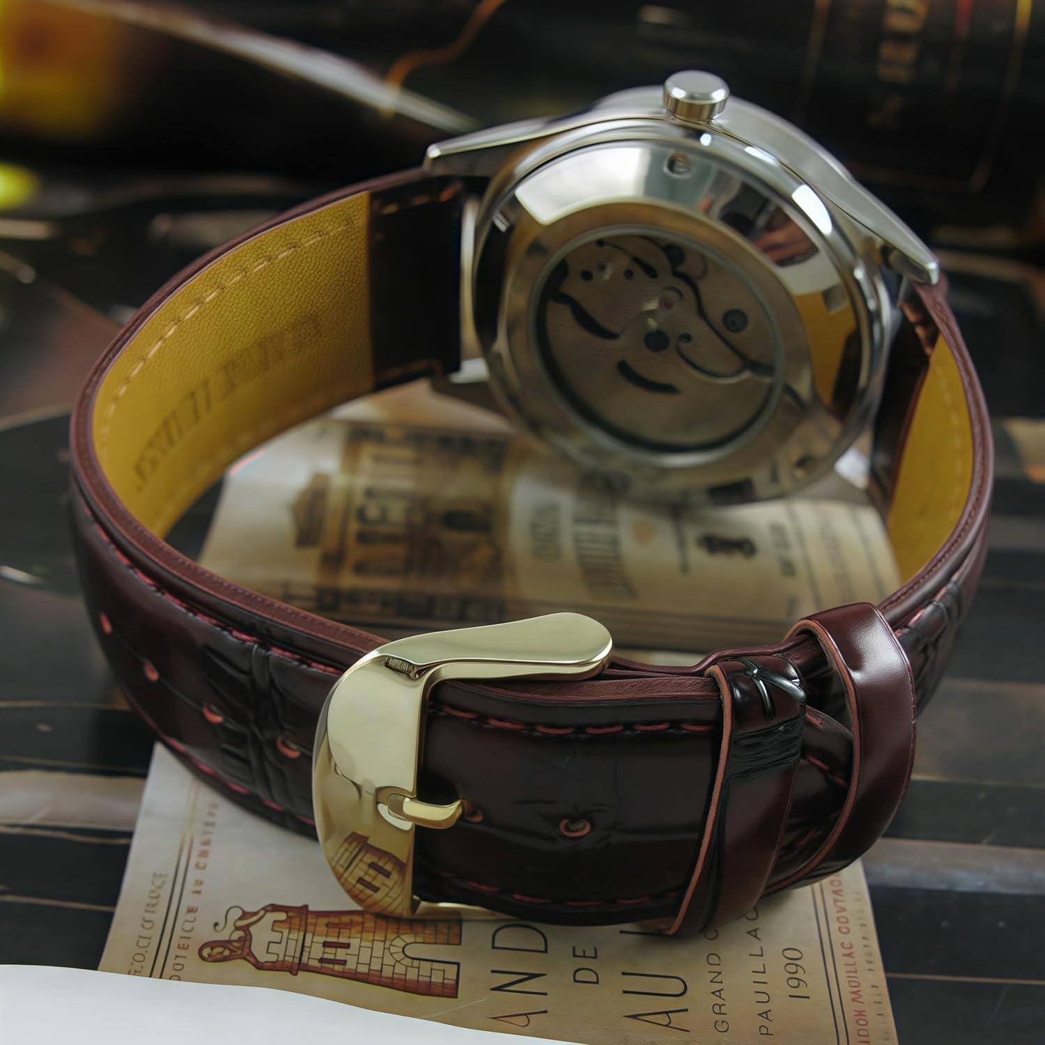 Reloj Automático Clásico Hombre MASTOP con Calendario y Cuero Marrón