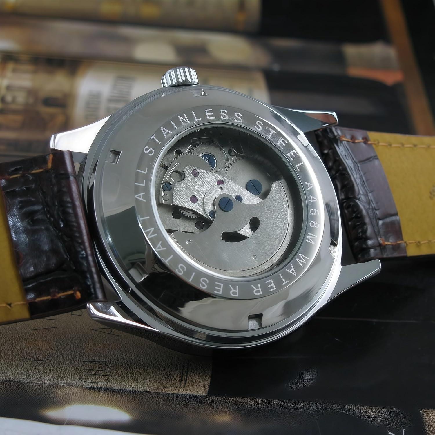 Reloj Automático Clásico Hombre MASTOP con Calendario y Cuero Marrón