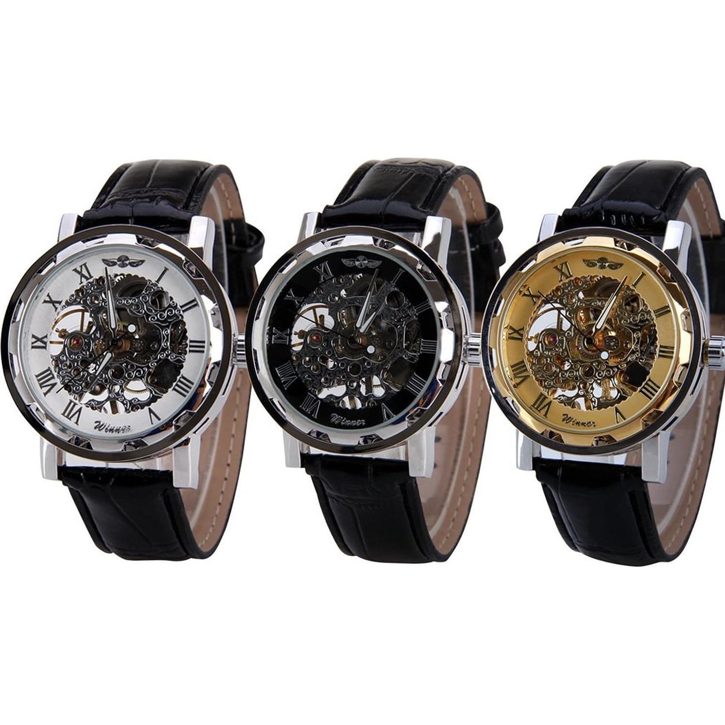 Reloj Mecánico Unisex MASTOP Dial Esqueleto Cuero Negro 40mm