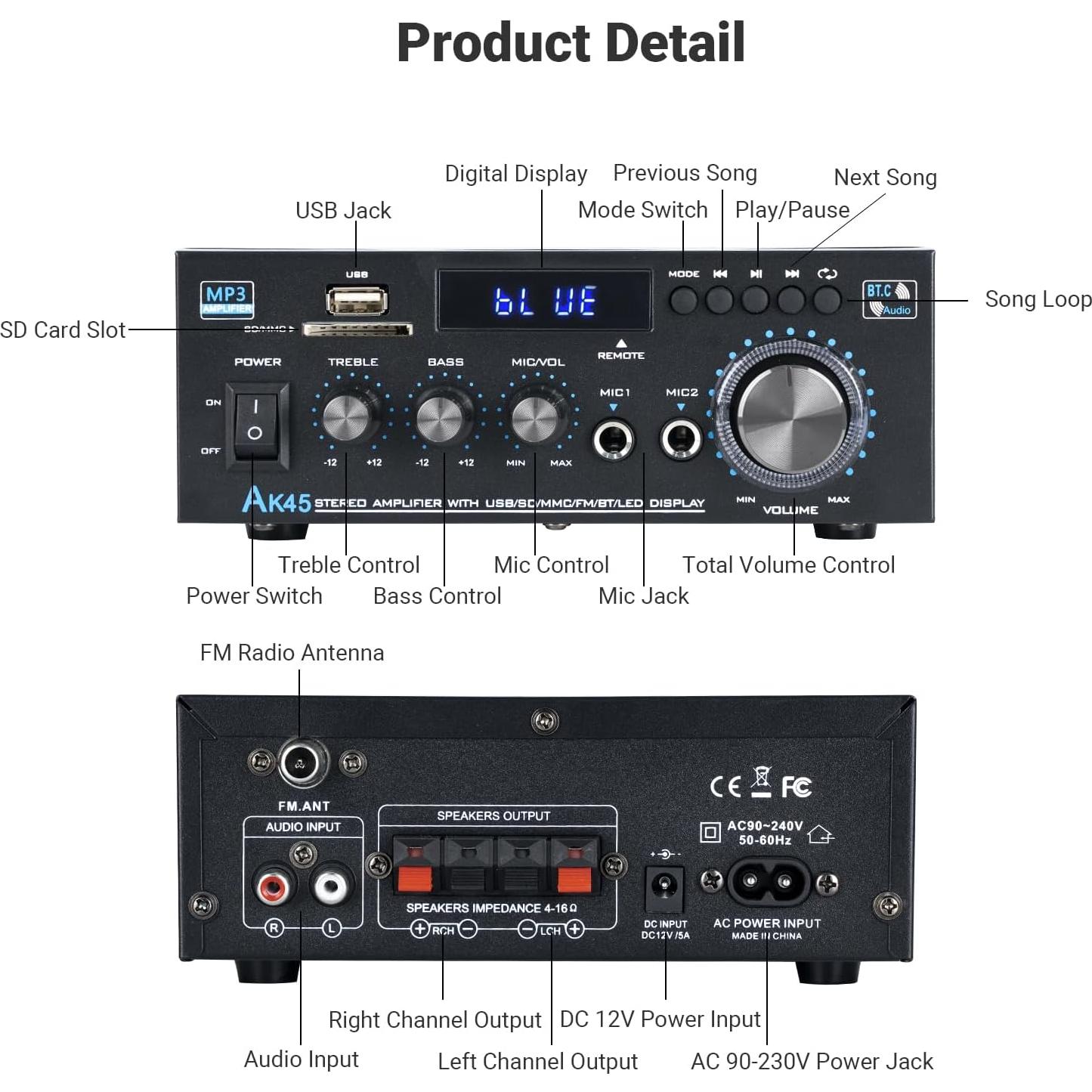 Receptor Estéreo Bluetooth NEOHIPO AK45 300W 2 Canales con FM