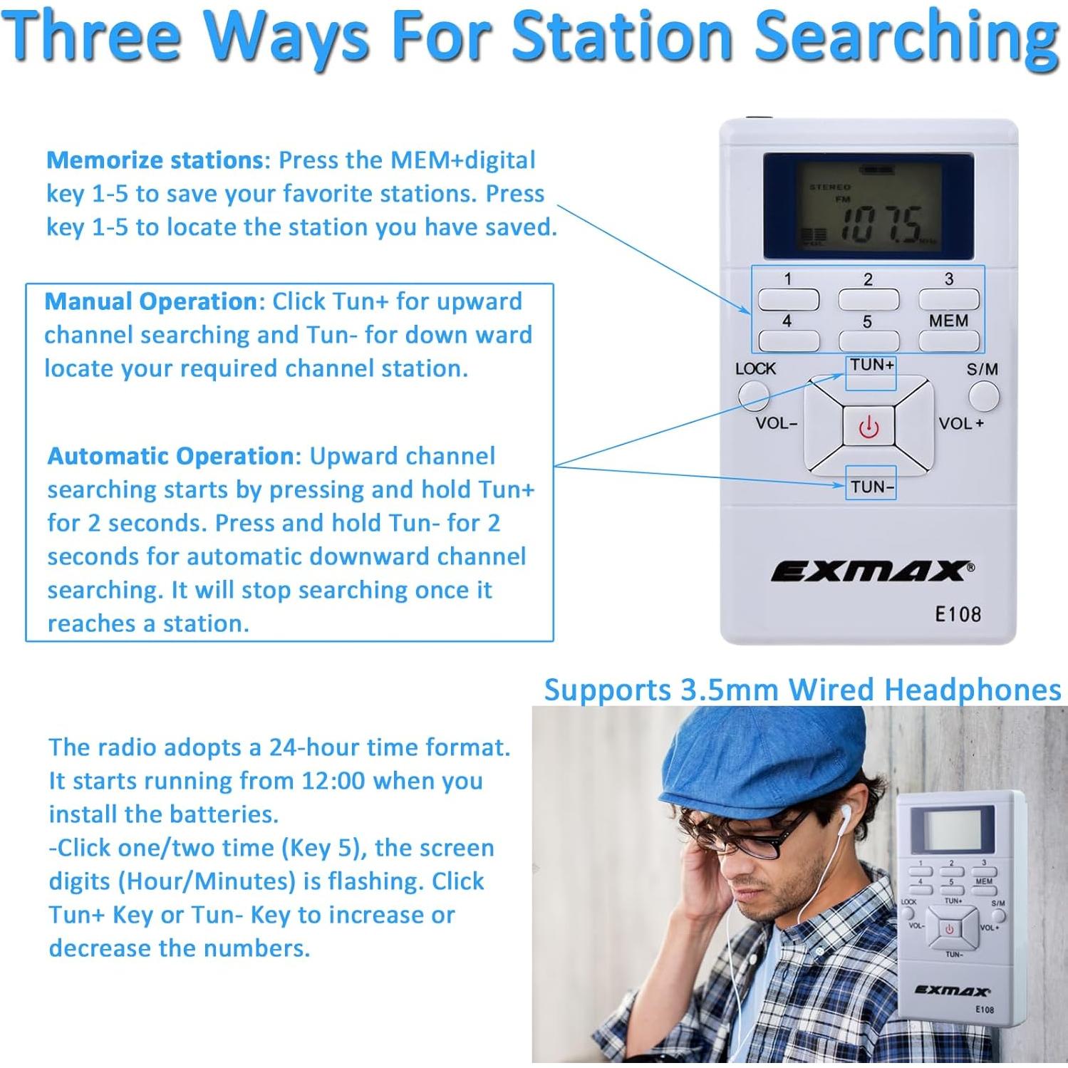 Receptor de Radio FM Inalámbrico EXMAX E108 Mini Portátil