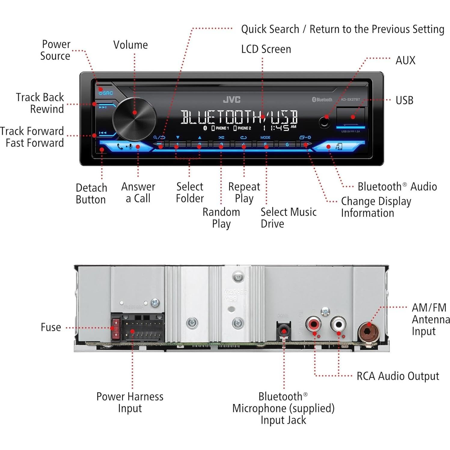 Estéreo de Coche JVC KD-SX27BT Bluetooth 100W USB 1.5A