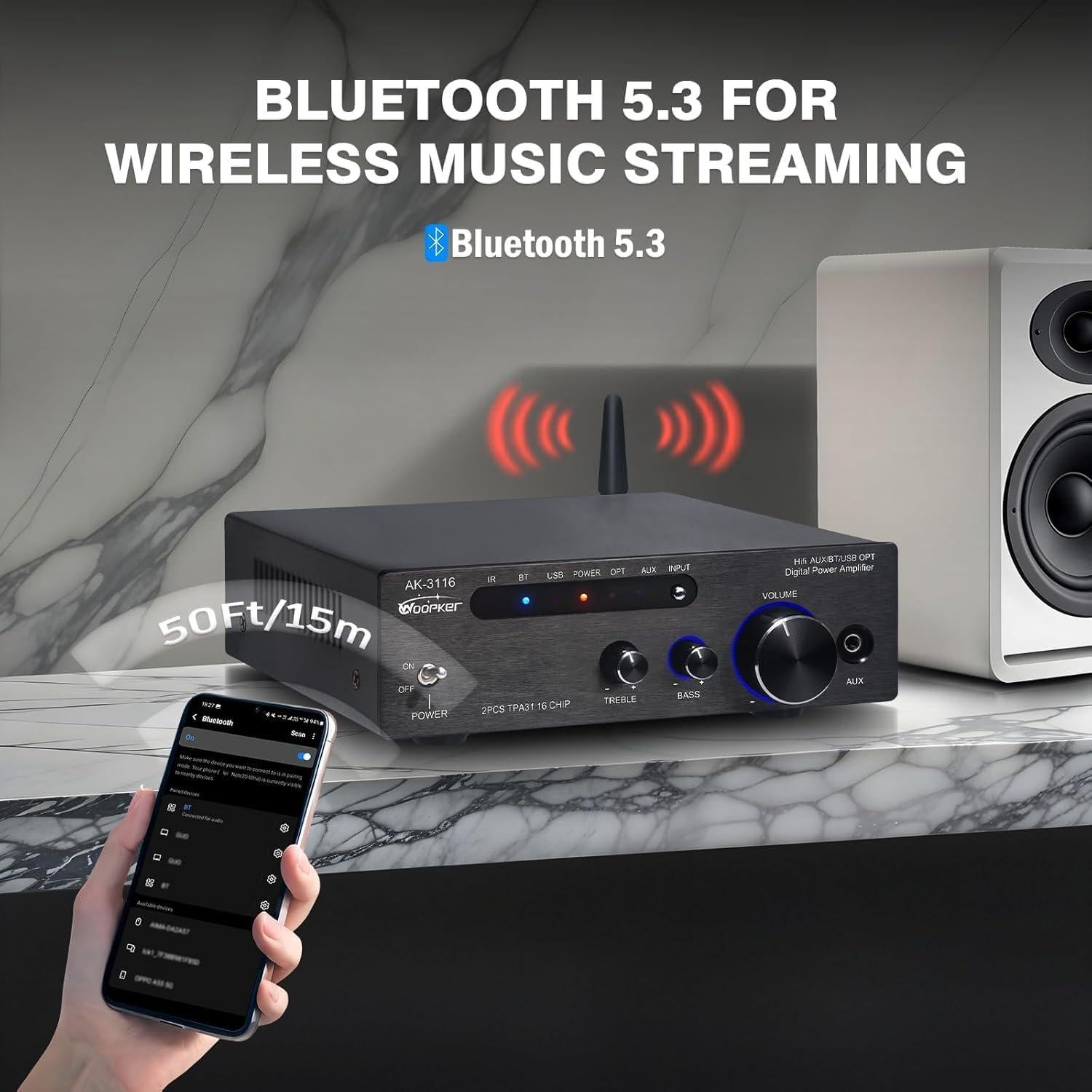 Amplificador Estéreo Woopker AK3116 Bluetooth 5.3 100W x2