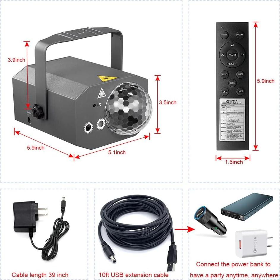 Luces de Bola de Disco LED Laucnpty con Control Remoto y USB