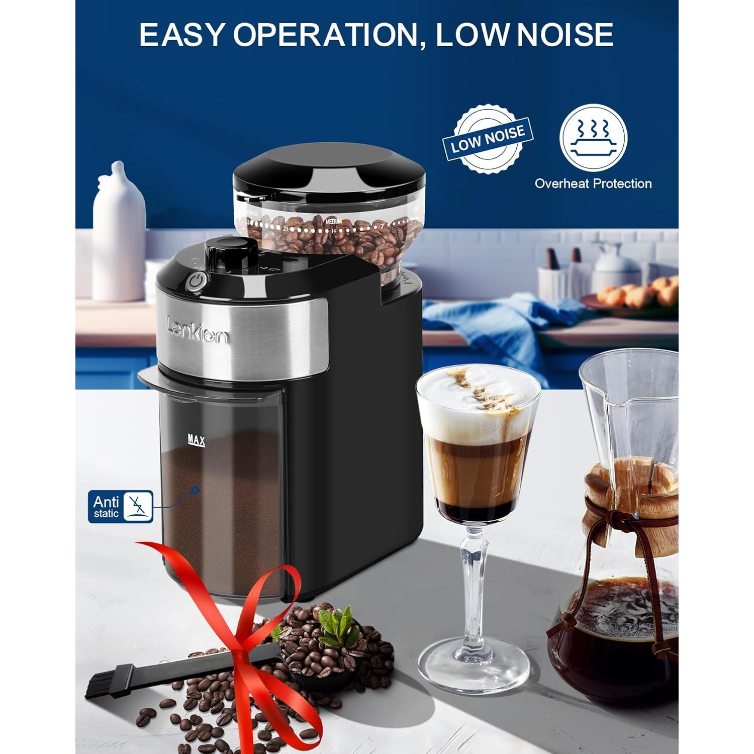 Molino de Café Burr Eléctrico Lonkion 28 Ajustes 12 Tazas