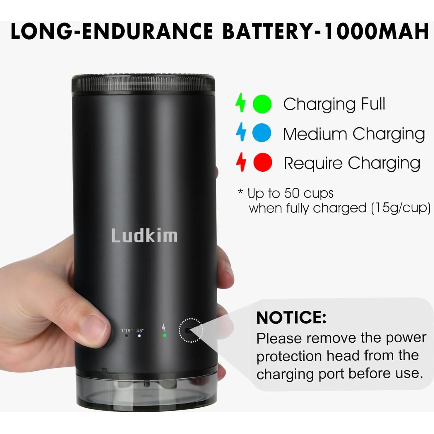 Molino de café eléctrico portátil Ludkim ECG03 80 configuraciones