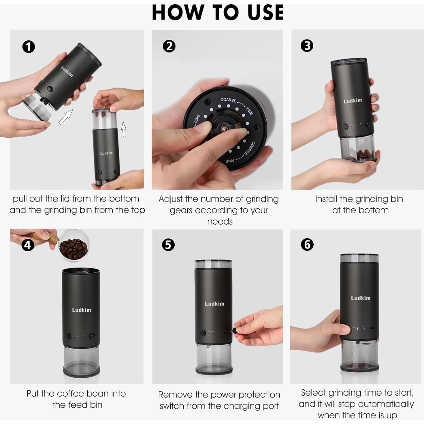 Molino de café eléctrico portátil Ludkim ECG03 80 configuraciones