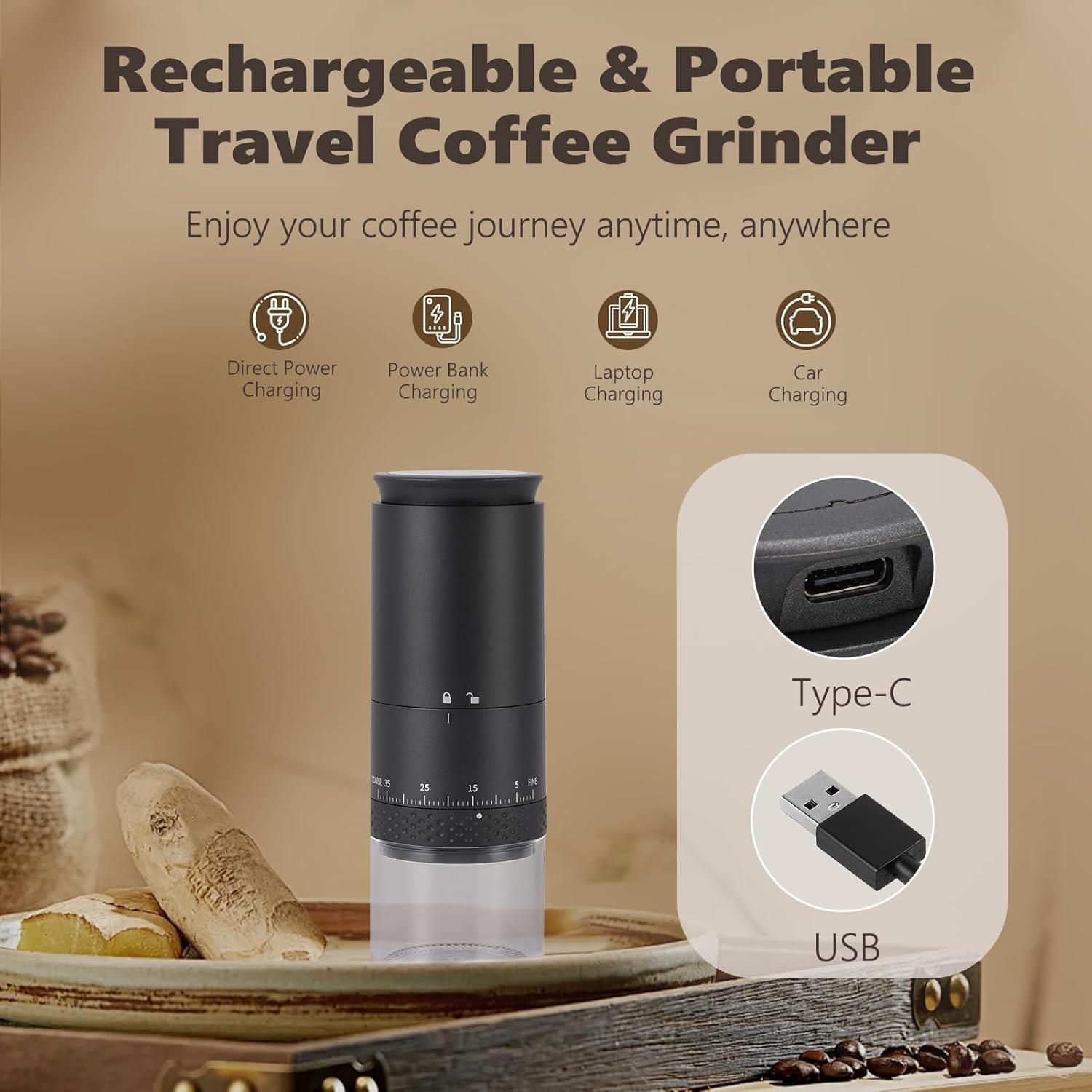 Molino de café portátil VINGVO eléctrico 38 configuraciones USB