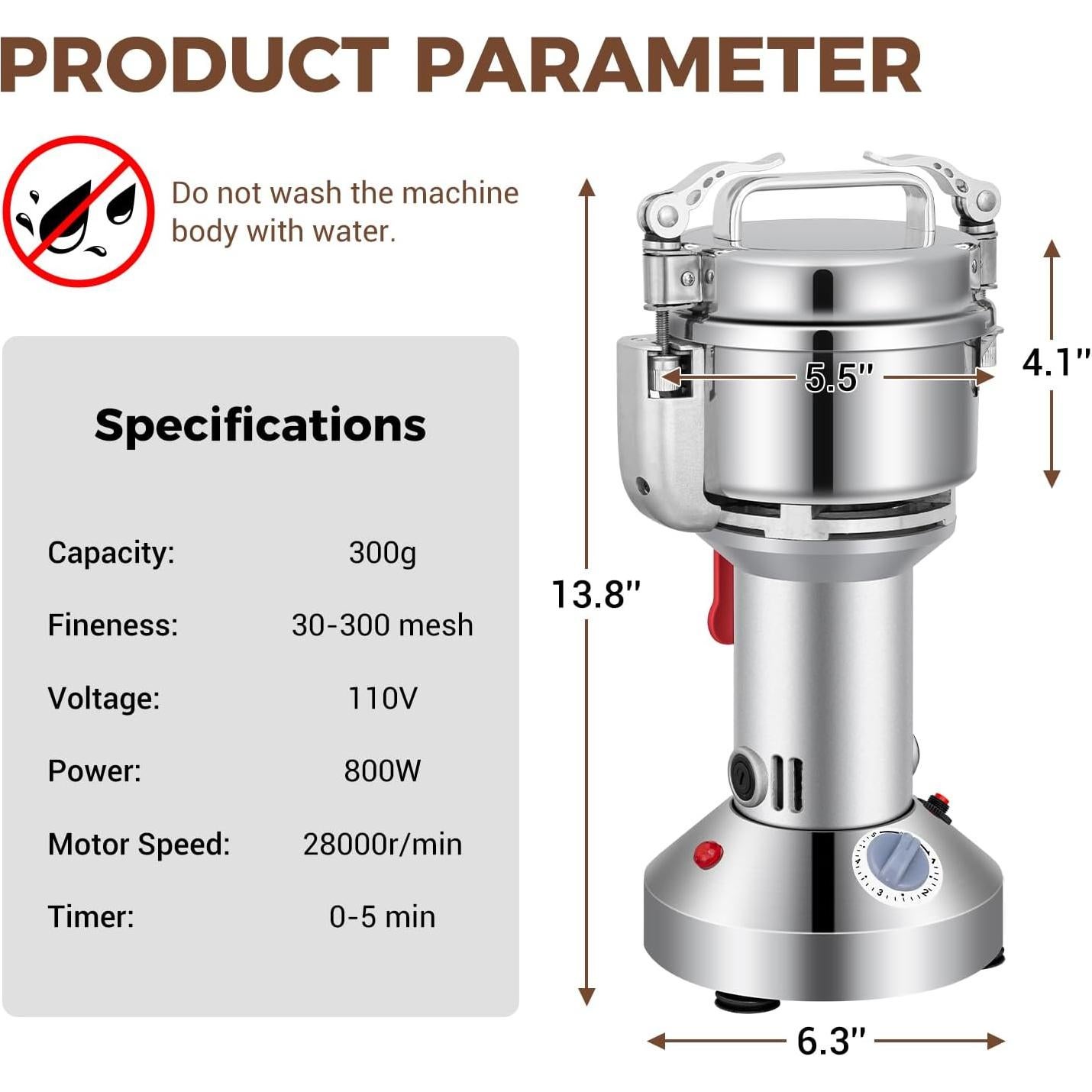 Molino de Granos Eléctrico LEEVOT 300g 1200W Acero Inoxidable
