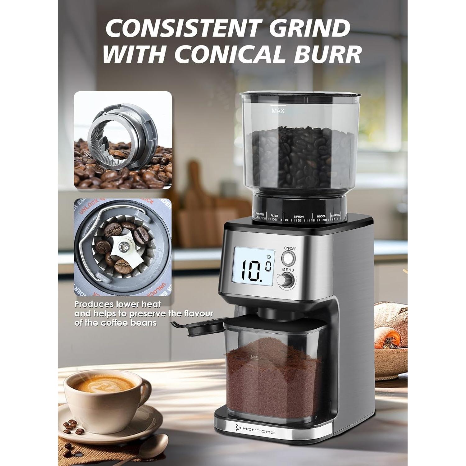 Molino de café eléctrico Homtone NK-0727 con muelas cónicas 40mm