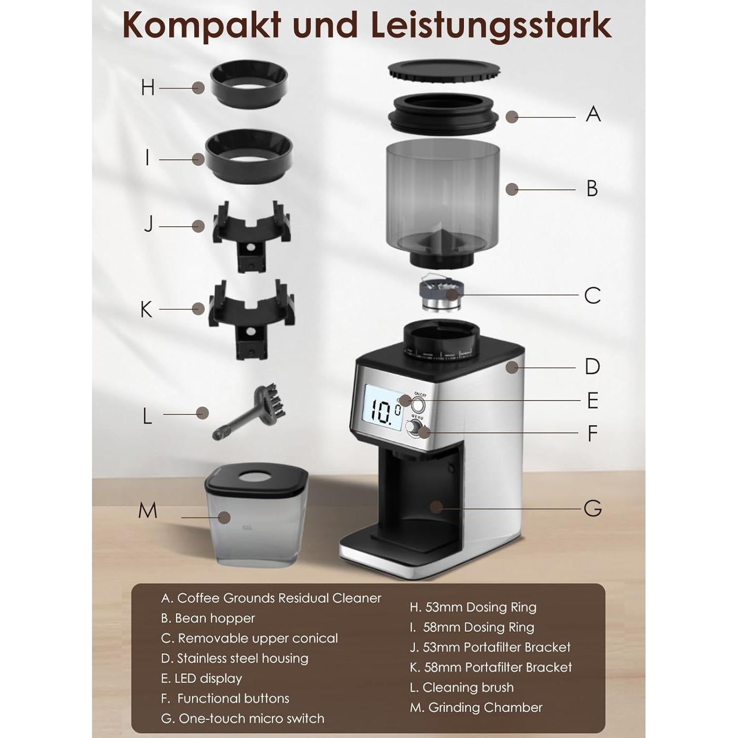 Molino de café eléctrico Homtone NK-0727 con muelas cónicas 40mm