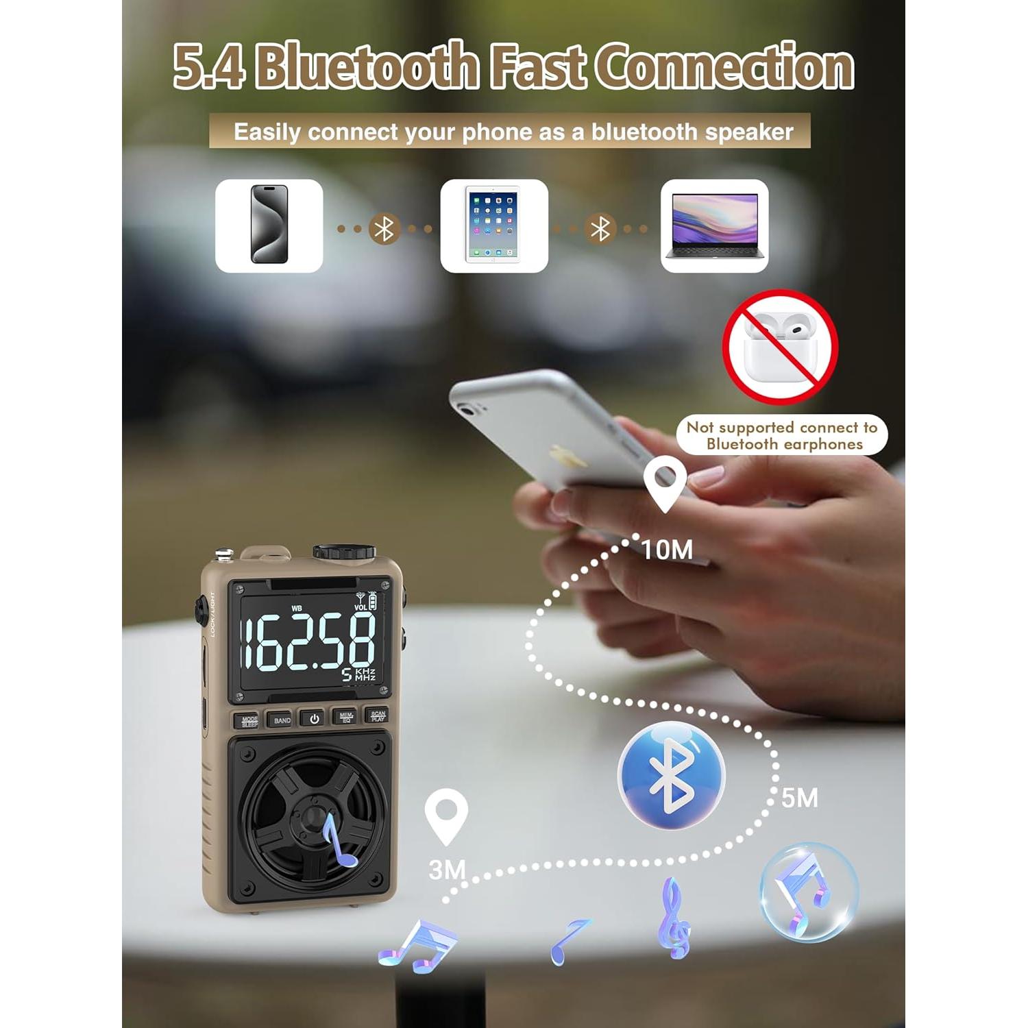 Radio portátil Bluetooth AM FM NOAA Jimeng 1250mAh 5W