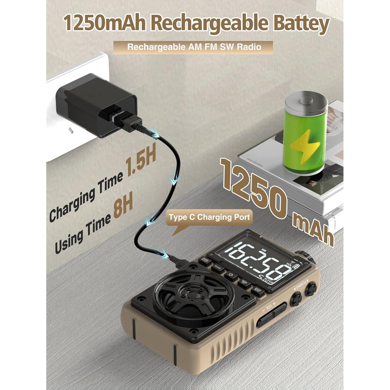 Radio portátil Bluetooth AM FM NOAA Jimeng 1250mAh 5W