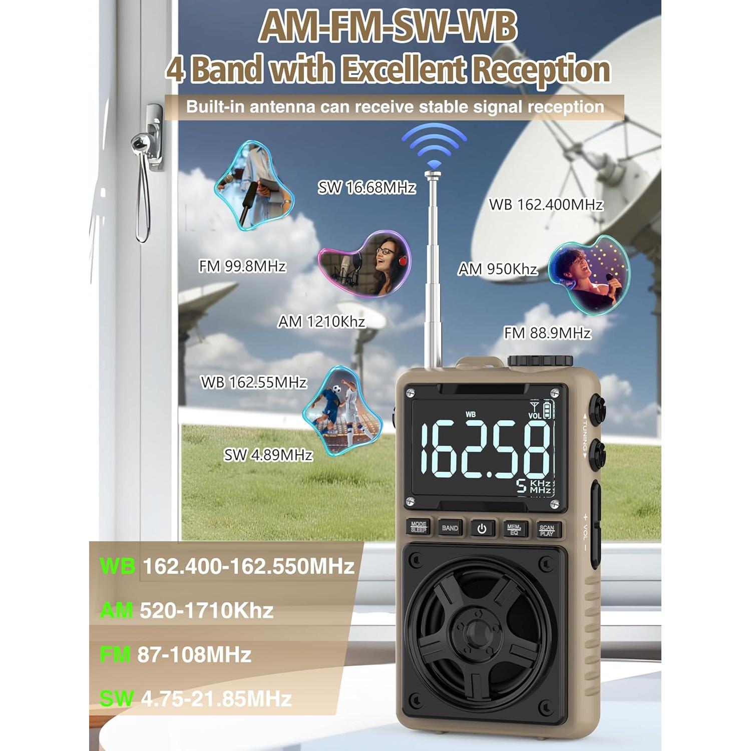 Radio portátil Bluetooth AM FM NOAA Jimeng 1250mAh 5W