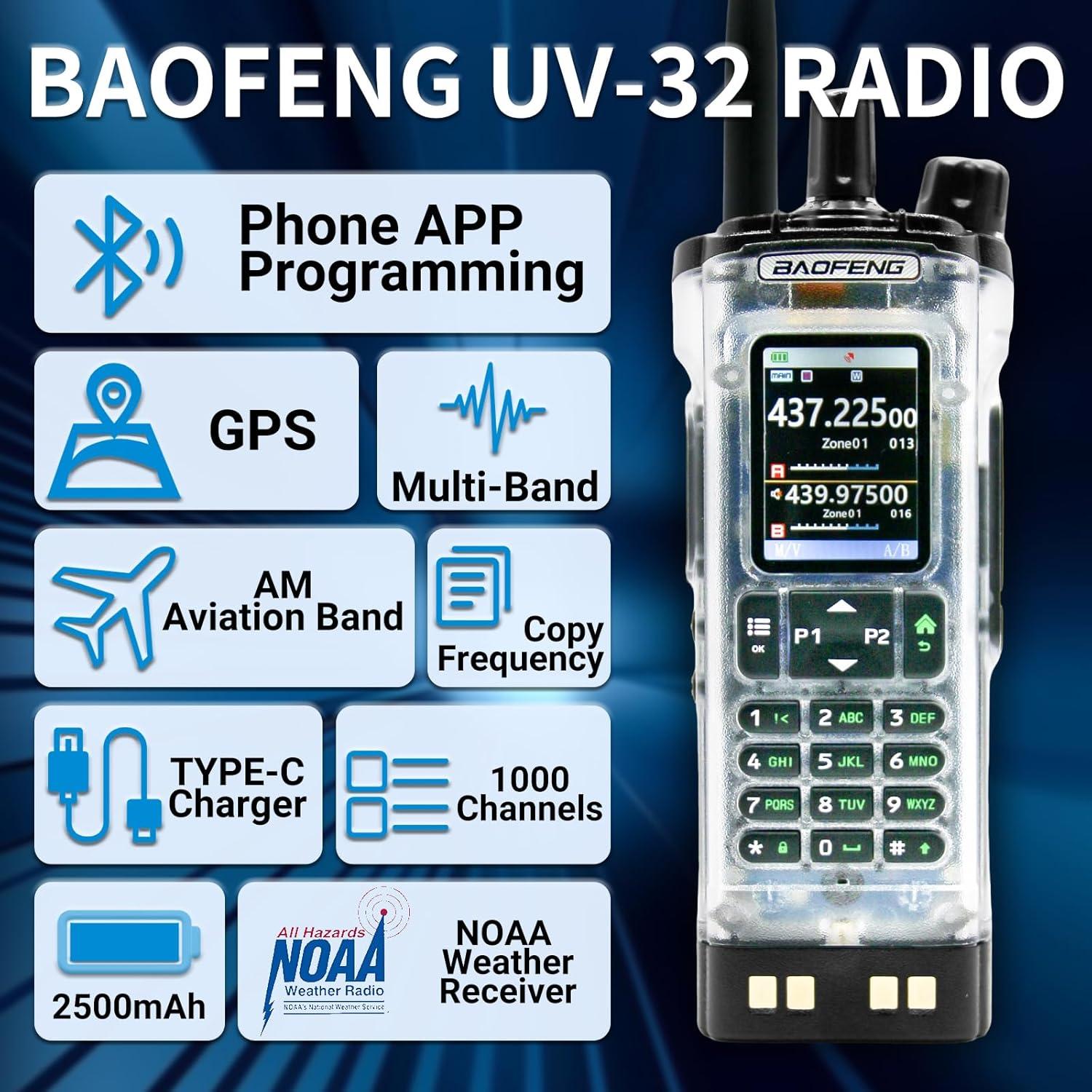 UV-32 10W Transparent Ham 2 Way Radio GPS One-Key Frequency Matching Writing Frequency APP Satellite Positioning Type-C UV32(1PC) (1)