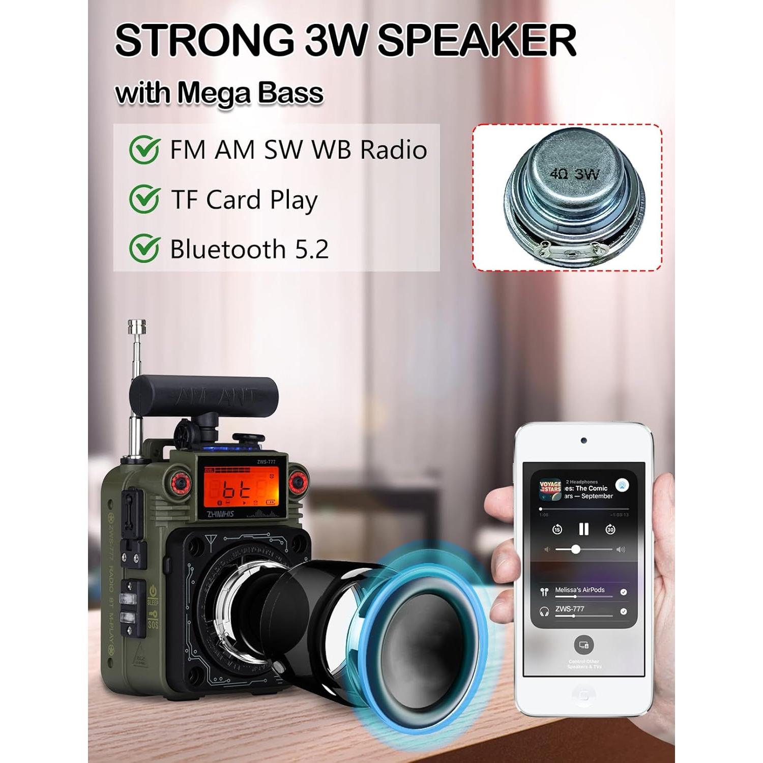 Radio ZHIWHIS ZWS-777 AM/FM/SW con Bluetooth y Alerta NOAA