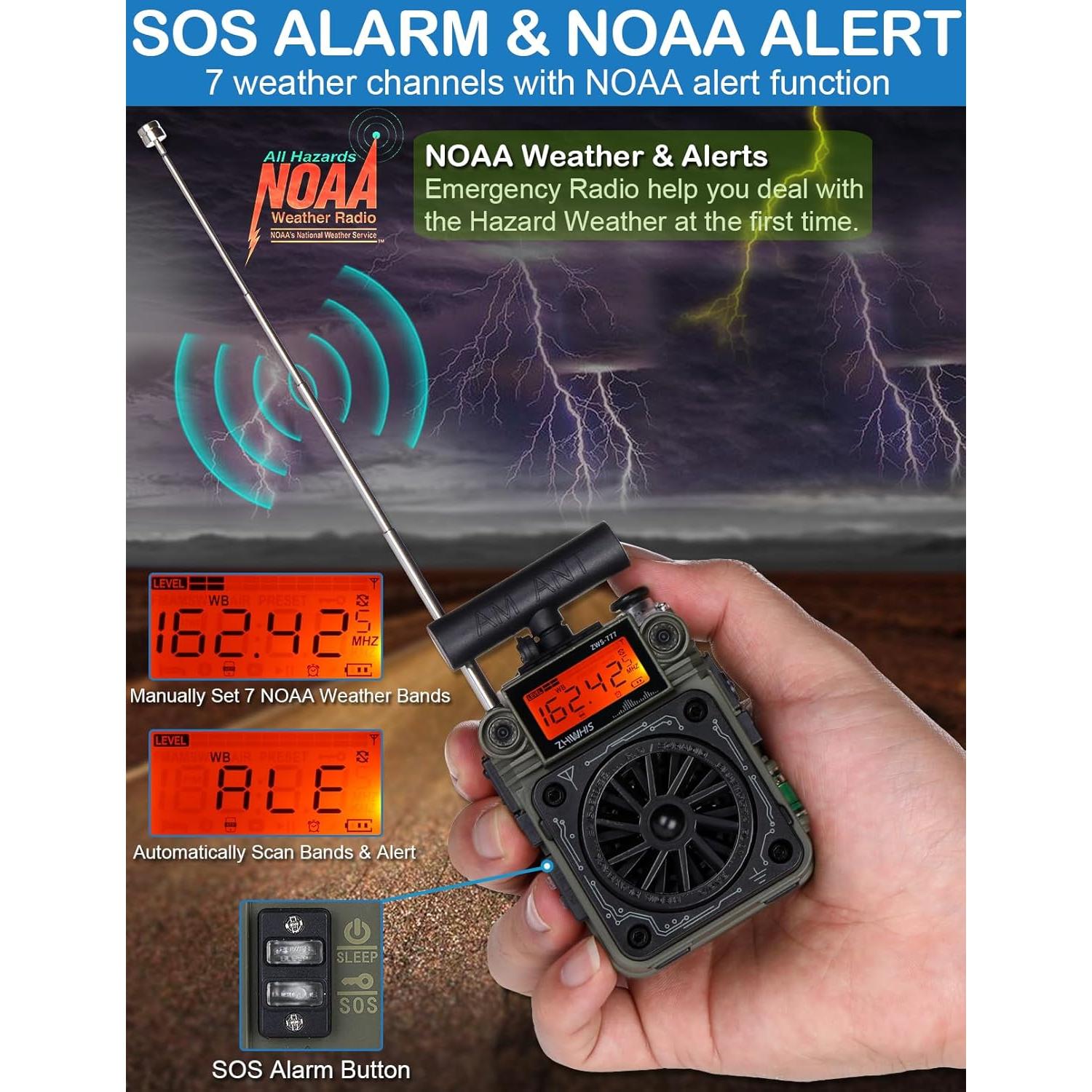 Radio ZHIWHIS ZWS-777 AM/FM/SW con Bluetooth y Alerta NOAA