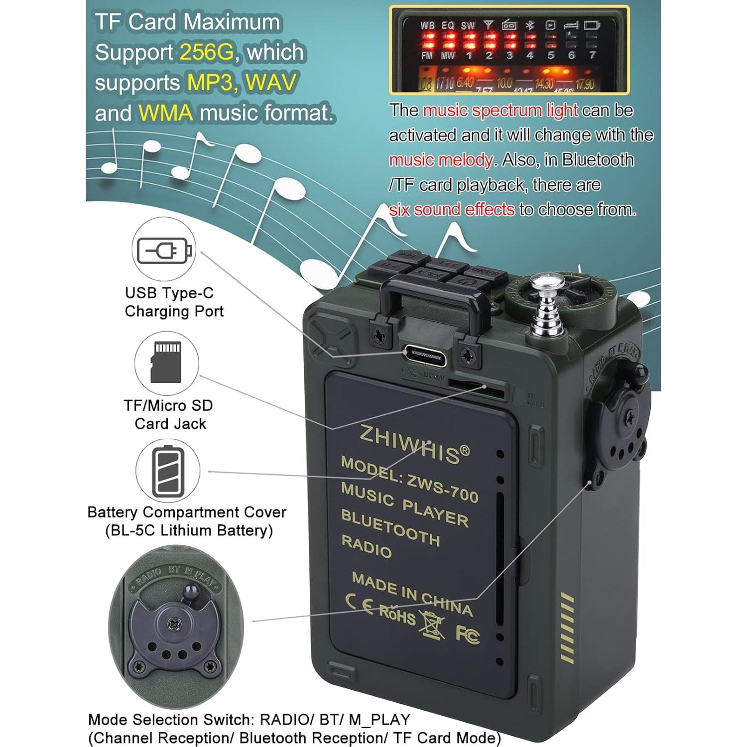 Radio Portátil ZHIWHIS ZWS-700 Bluetooth con Temporizador