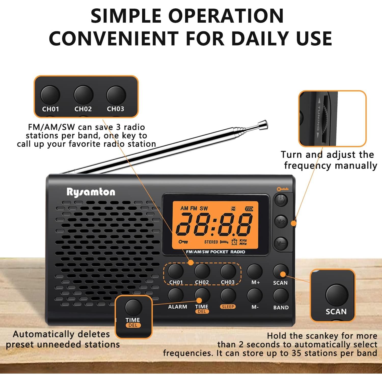 Radio portátil AM/FM/SW Rysamton YK-M03, despertador y temporizador