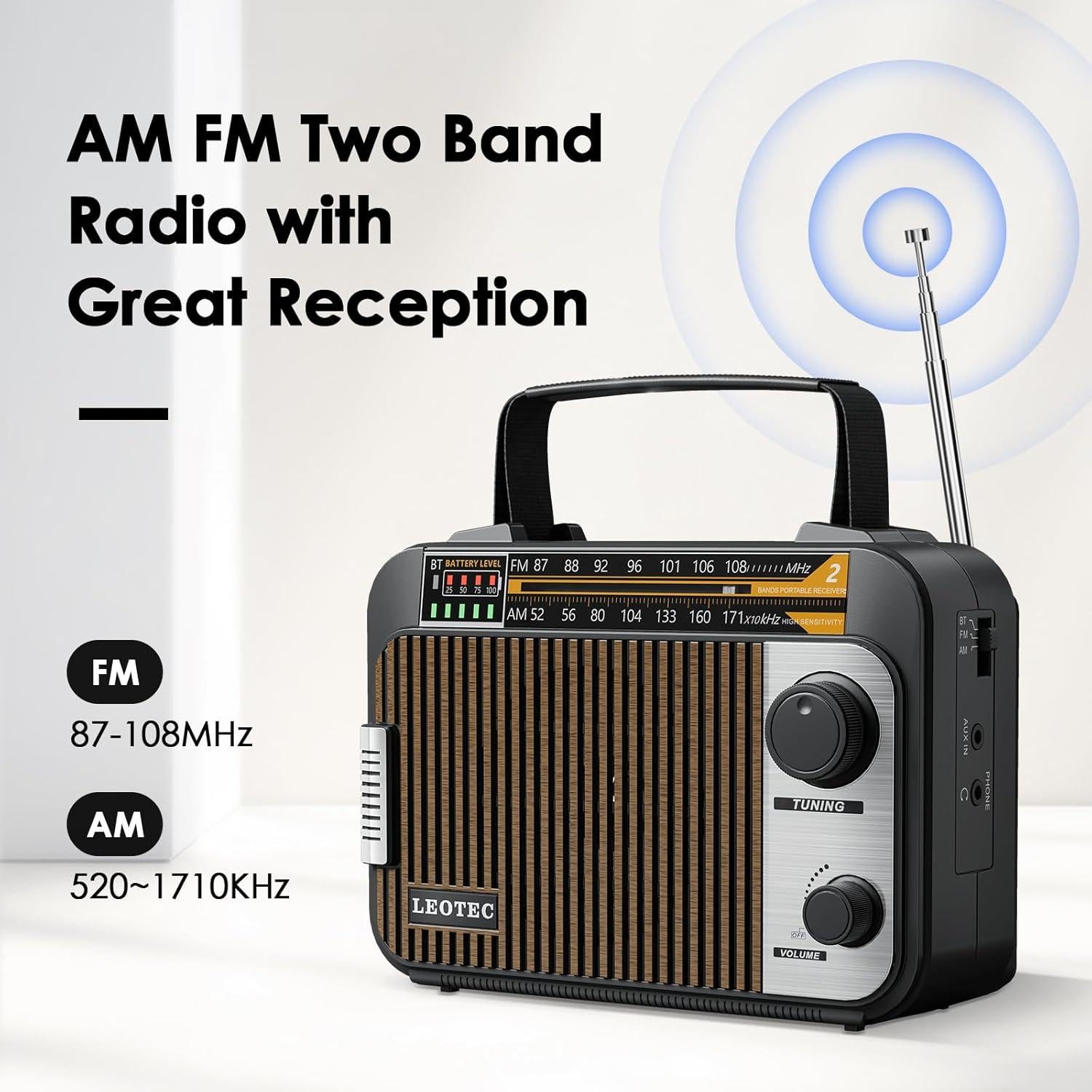 Radio Portátil AM FM LEOTEC con Bluetooth y Batería Recargable