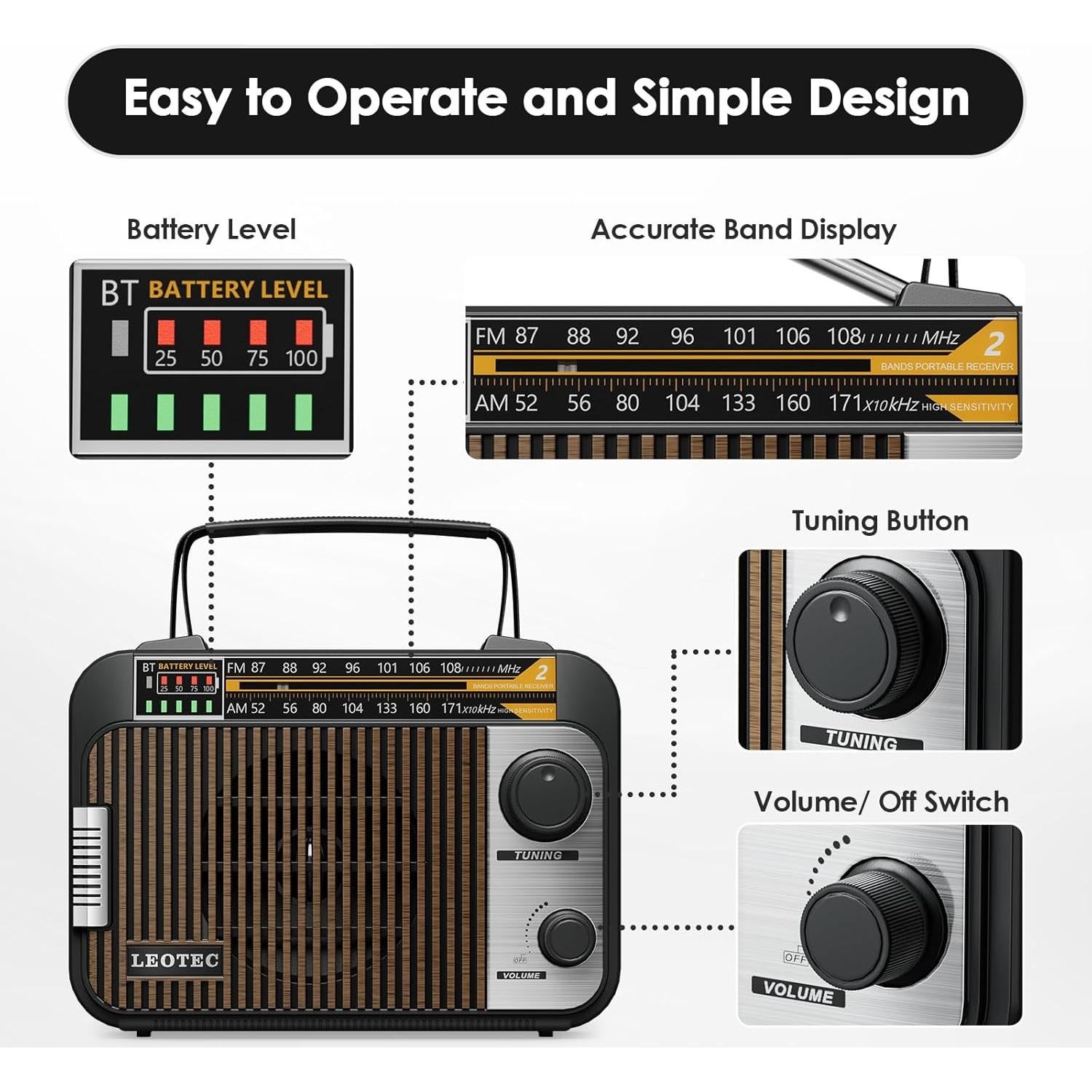 Radio Portátil AM FM LEOTEC con Bluetooth y Batería Recargable