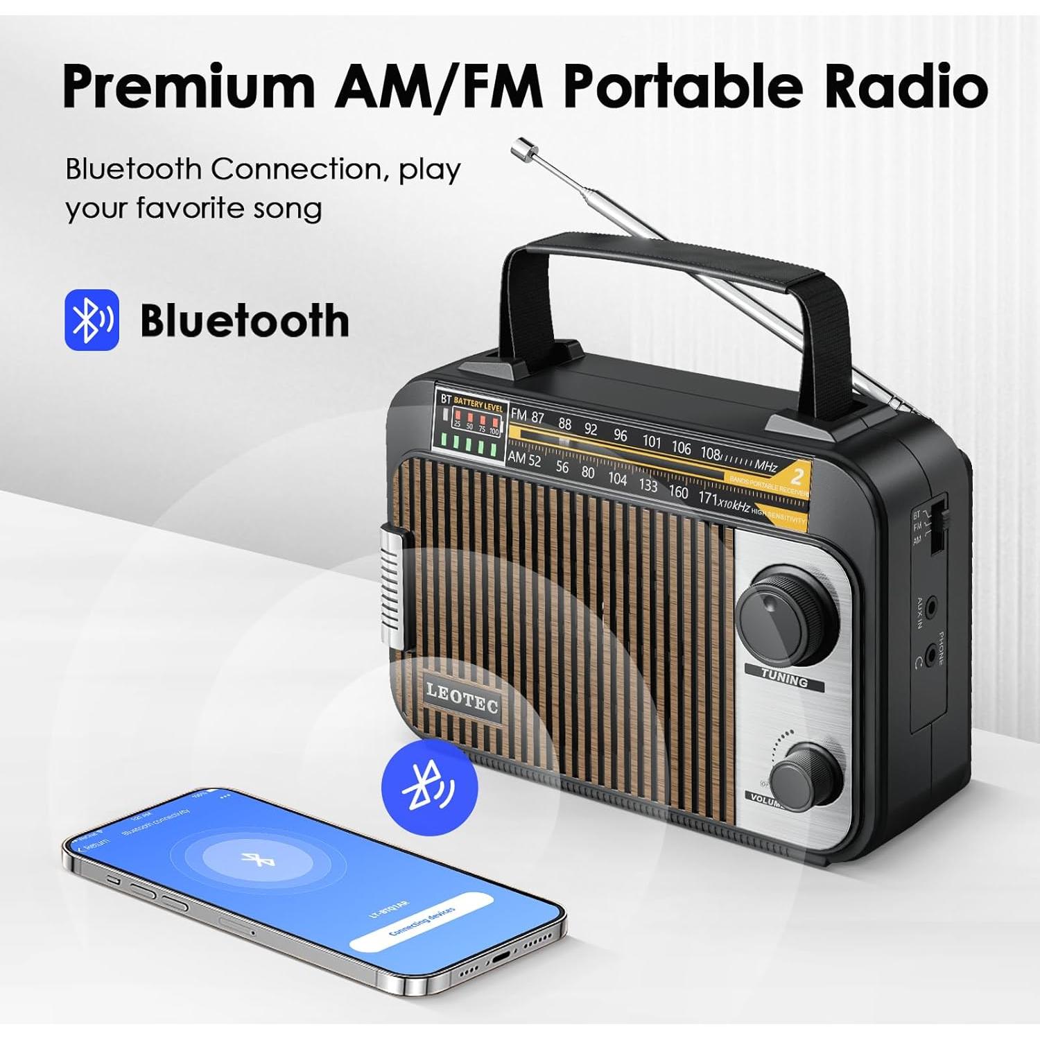 Radio Portátil AM FM LEOTEC con Bluetooth y Batería Recargable
