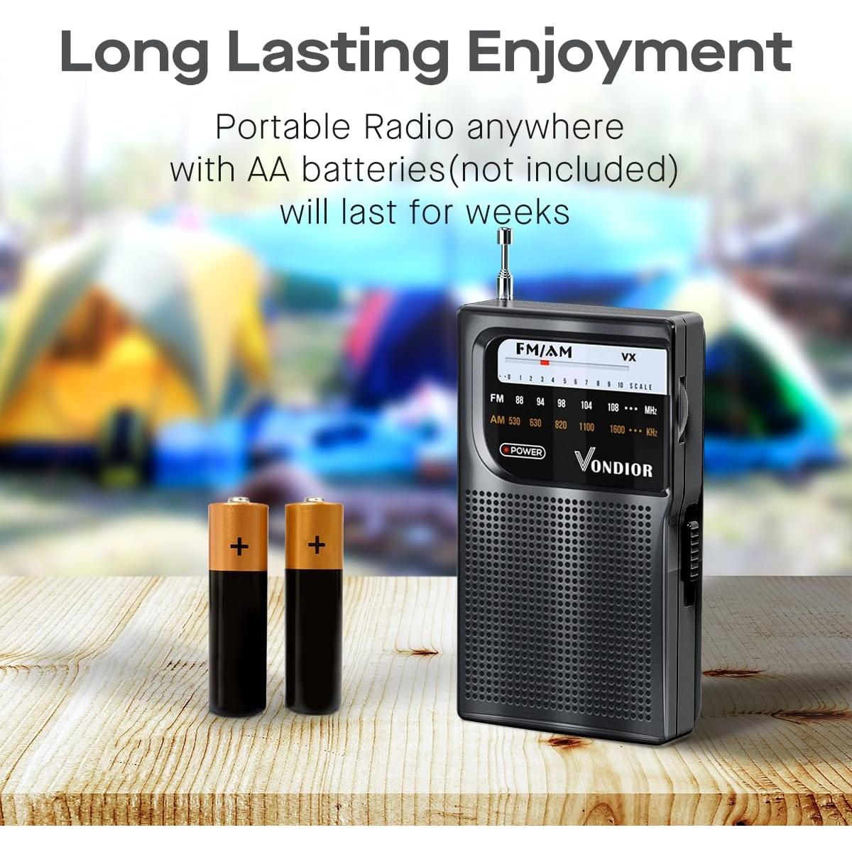 Radio portátil AM FM Vondior - Compacta, 0.45 kg, 2 pilas AA