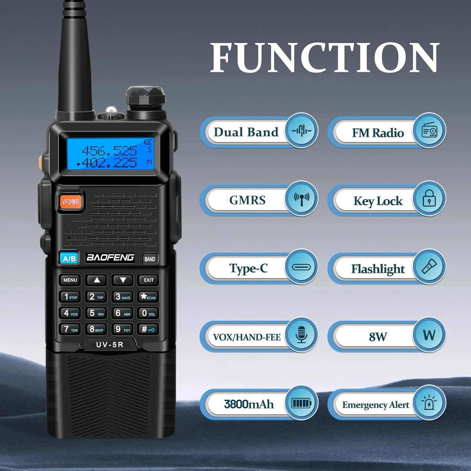 Radio BAOFENG UV-5R 8W Doble Banda 3800mAh Walkie Talkie