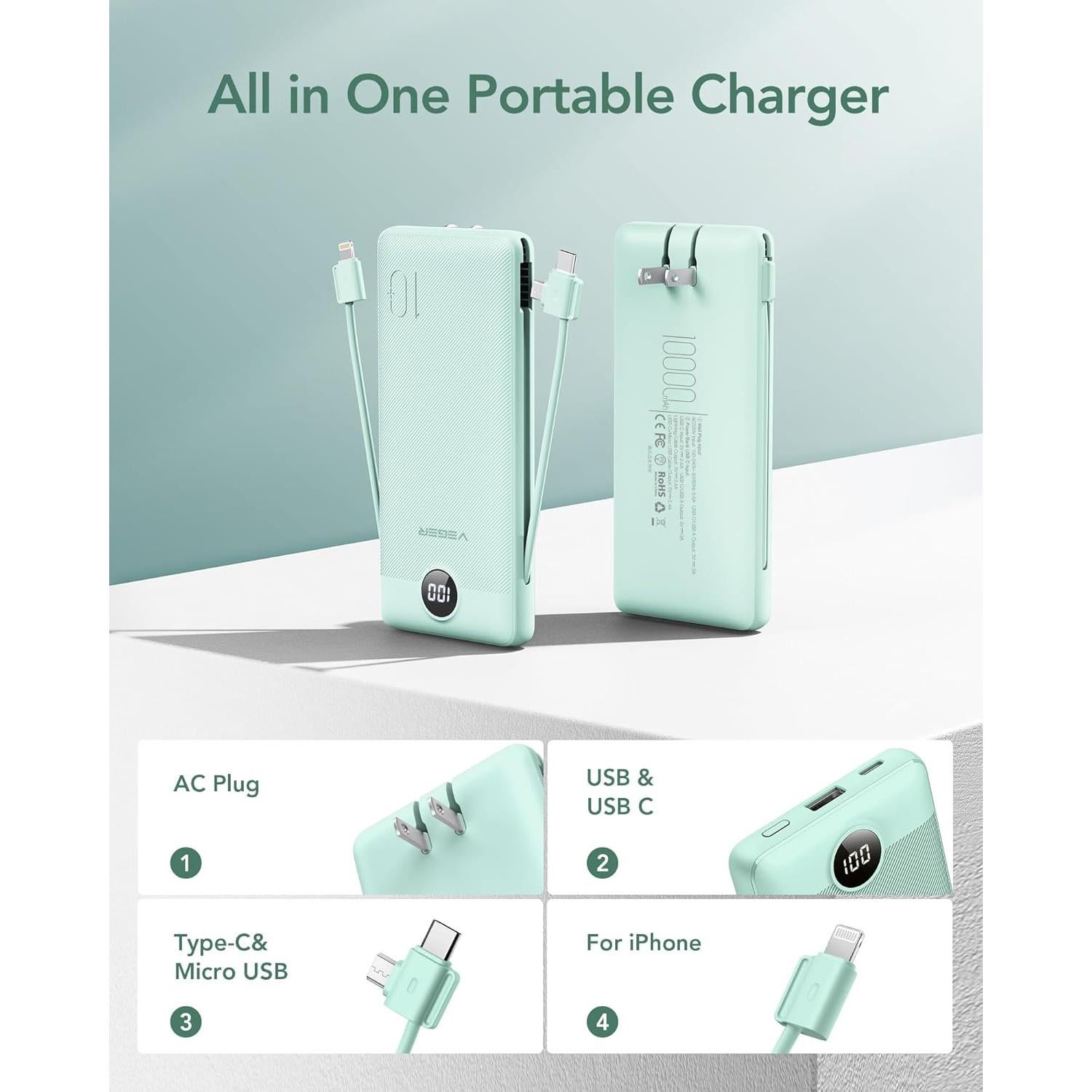 Cargador Portátil VEGER 10000mAh USB-C y iPhone Integrado