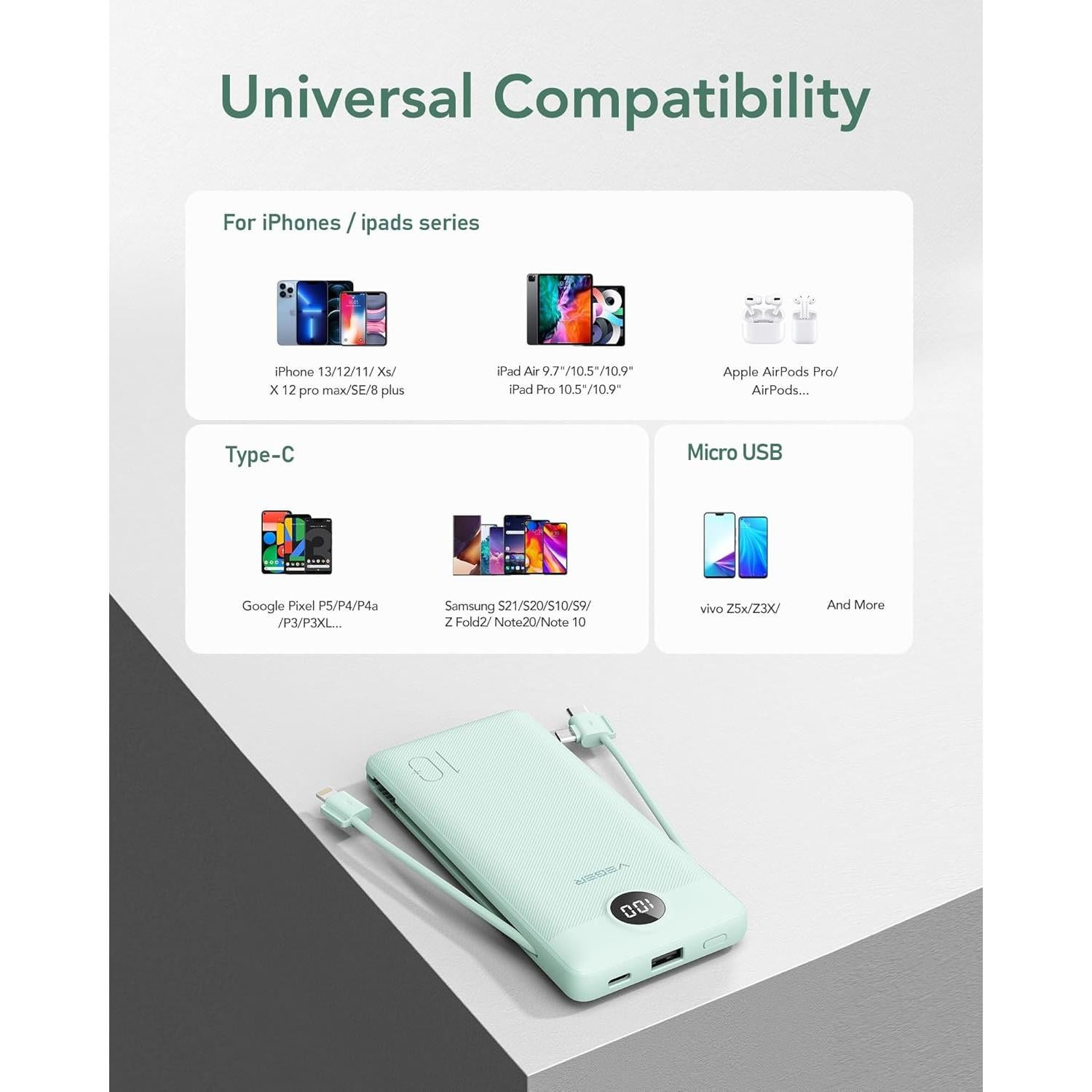 Cargador Portátil VEGER 10000mAh USB-C y iPhone Integrado