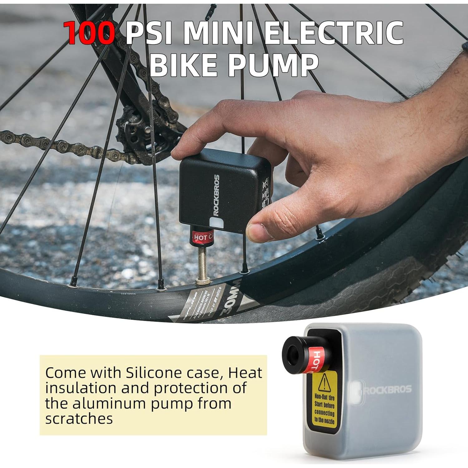 ROCKBROS Mini Bike Pump AS1 Portable Electric Bicycle Pump100PSI Tiny Bike Air Pump Tire Inflator Type-C Rechargeable Battery with Presta Schrader Valve, Cycling Gifts for Men Women