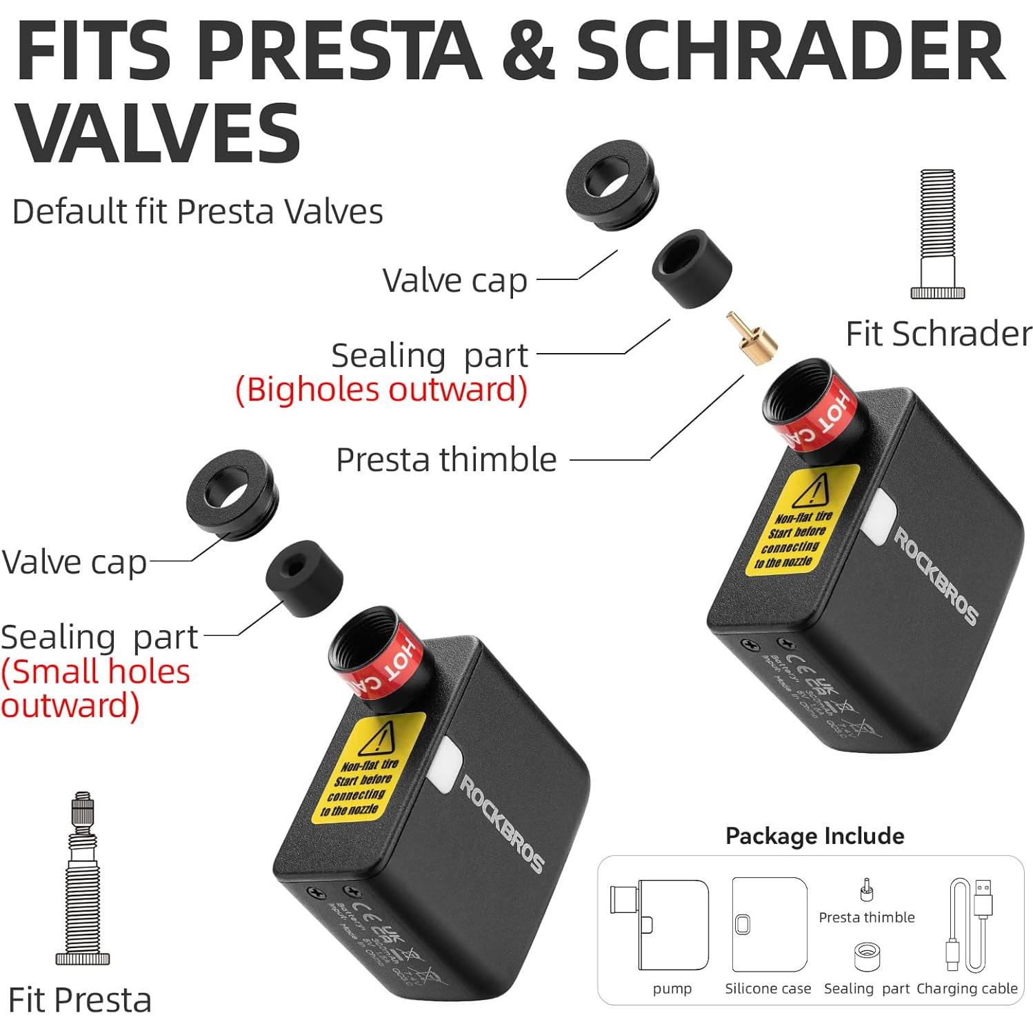 ROCKBROS Mini Bike Pump AS1 Portable Electric Bicycle Pump100PSI Tiny Bike Air Pump Tire Inflator Type-C Rechargeable Battery with Presta Schrader Valve, Cycling Gifts for Men Women