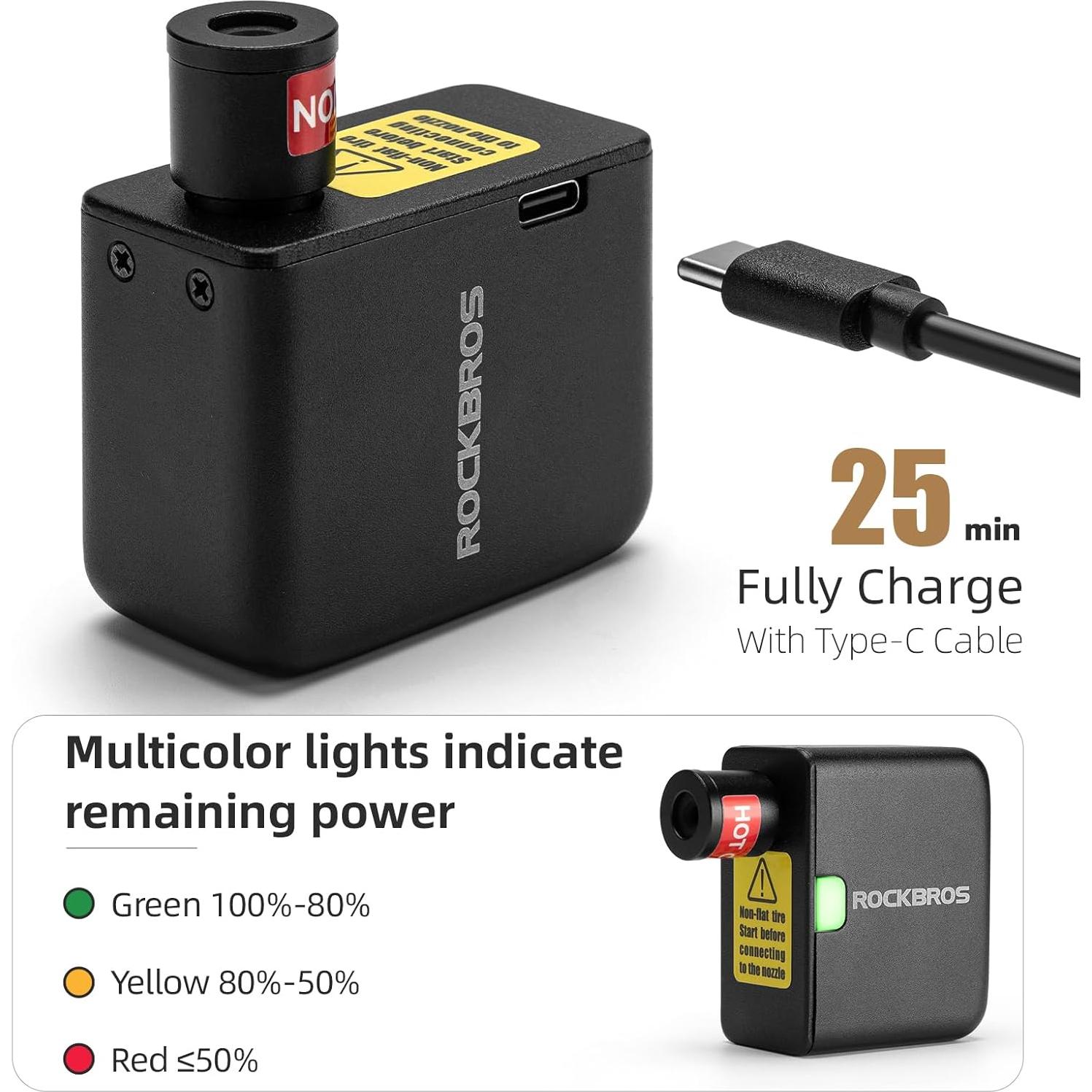 ROCKBROS Mini Bike Pump AS1 Portable Electric Bicycle Pump100PSI Tiny Bike Air Pump Tire Inflator Type-C Rechargeable Battery with Presta Schrader Valve, Cycling Gifts for Men Women