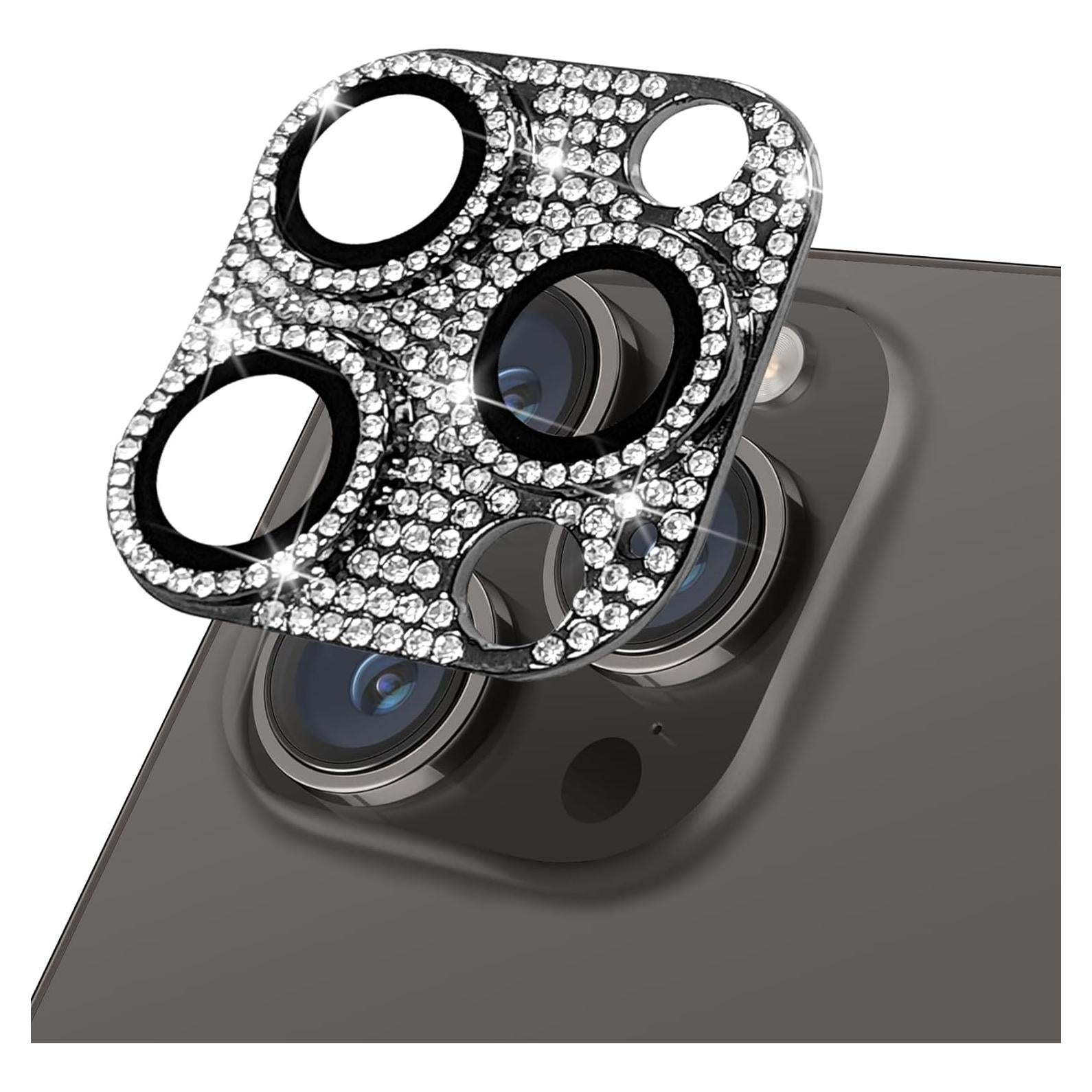 Designed for iPhone 14 Pro and 14 Pro Max Camera Lens Protector, Bling Rhinestone Sparkle Diamond 9H Tempered Glass Lens Cover Shockproof Full Protective Camera Cover, Black