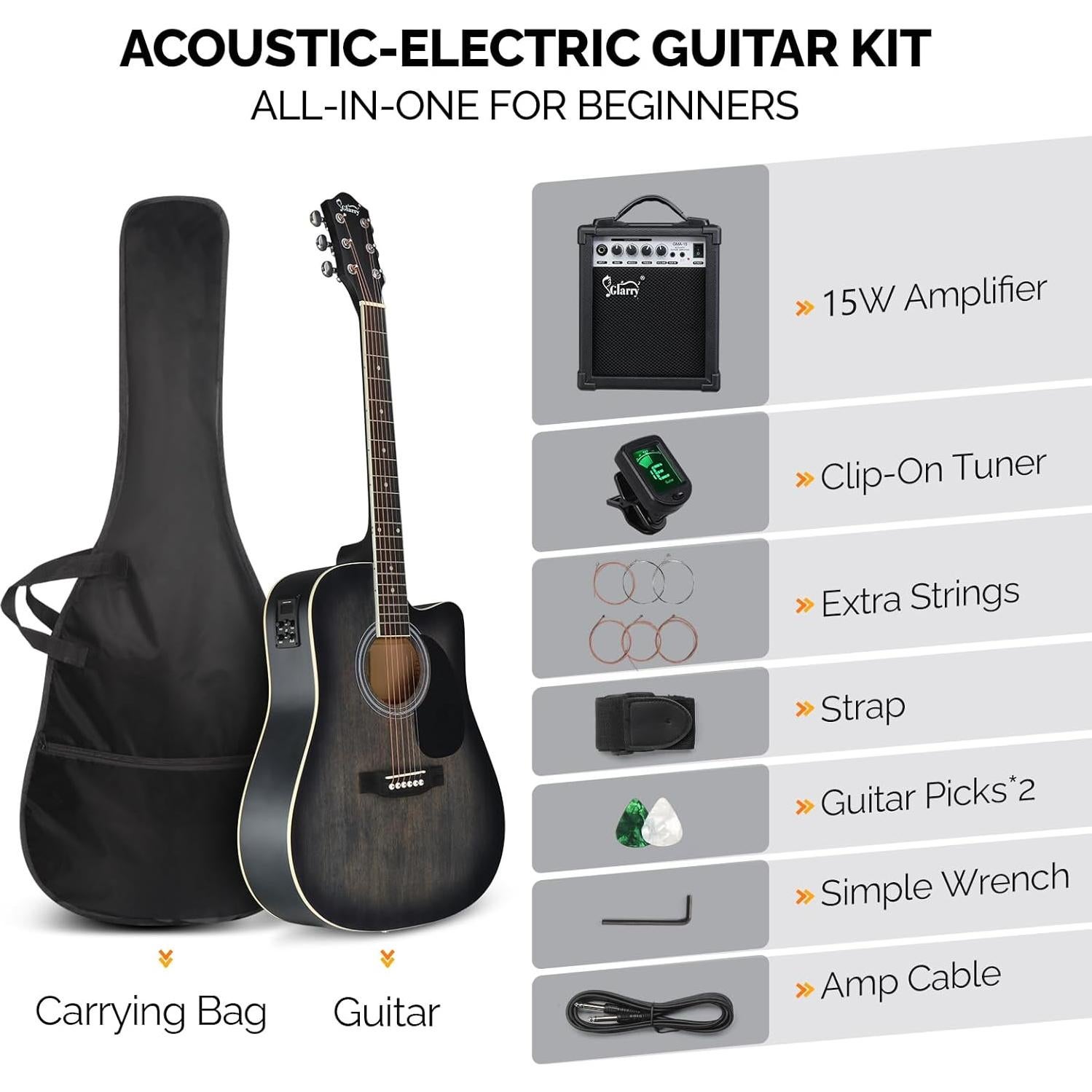 Guitarra Acústica Eléctrica Glarry AEG-Black-70 41" para Principiantes