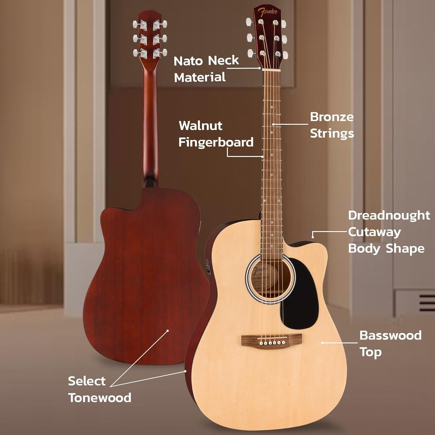 Guitarra Acústica Eléctrica Dreadnought Fender FA Natural