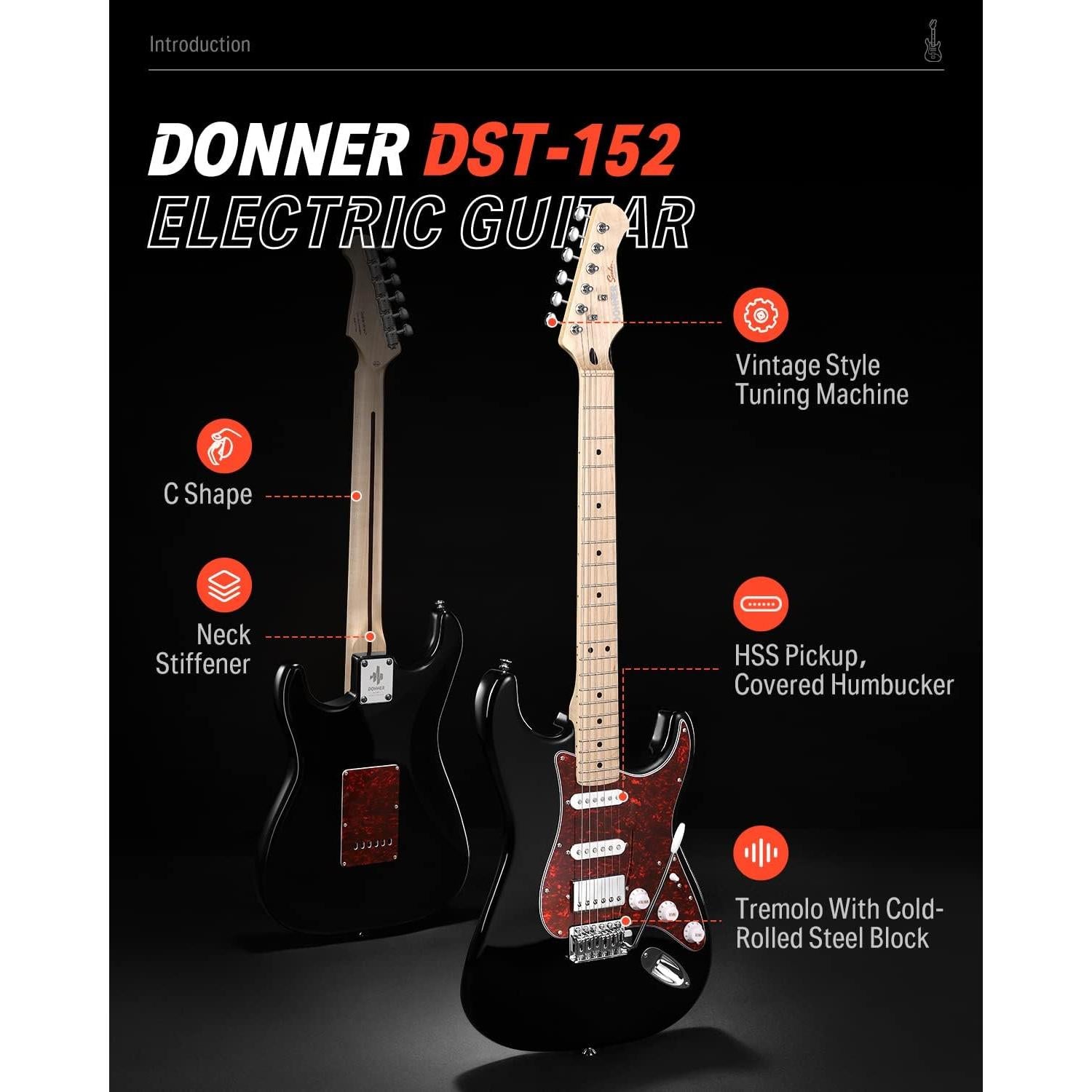 Kit de Guitarra Eléctrica Donner DST-152 HSS Negro Completo