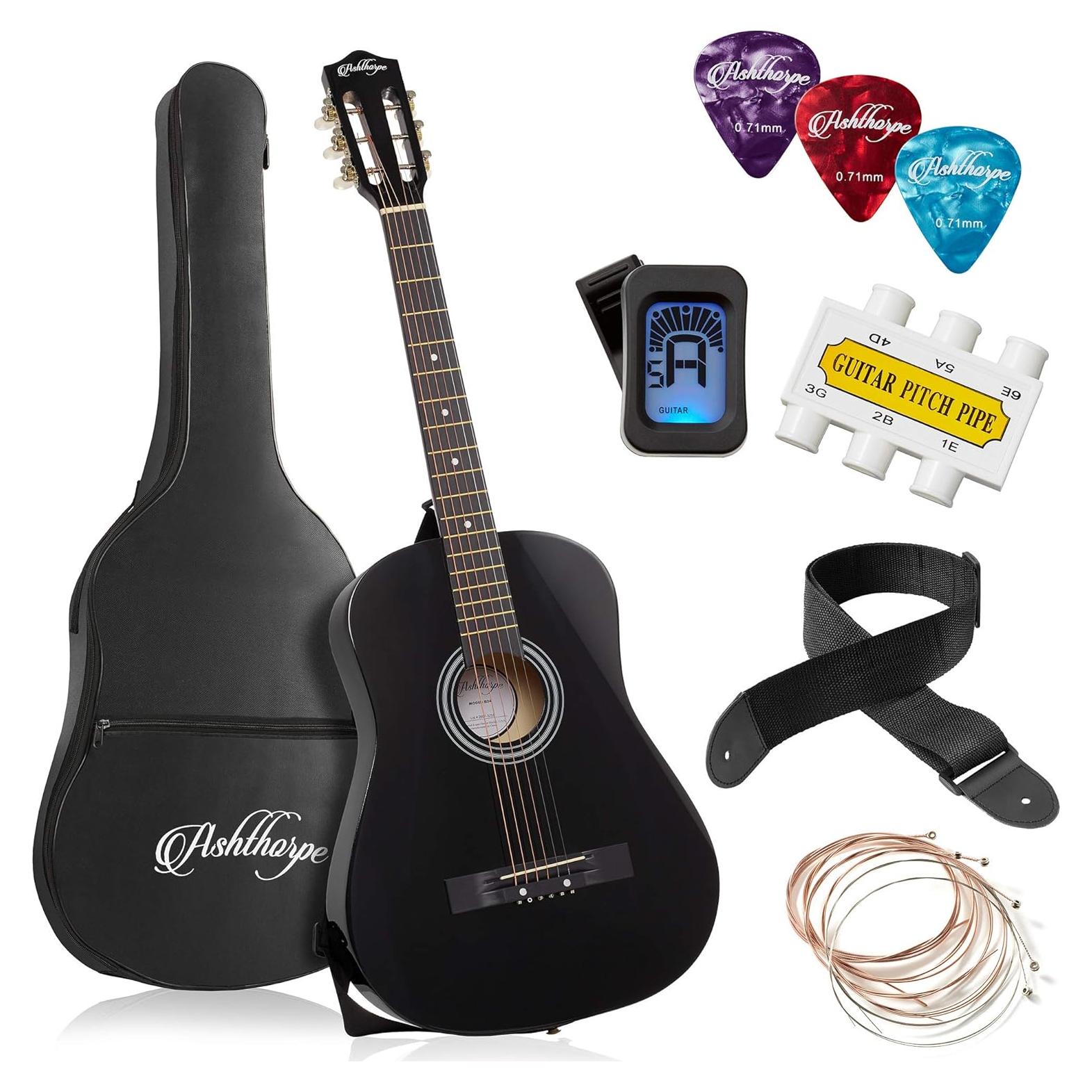 Guitarra acústica Ashthorpe 38" negra para principiantes kit completo